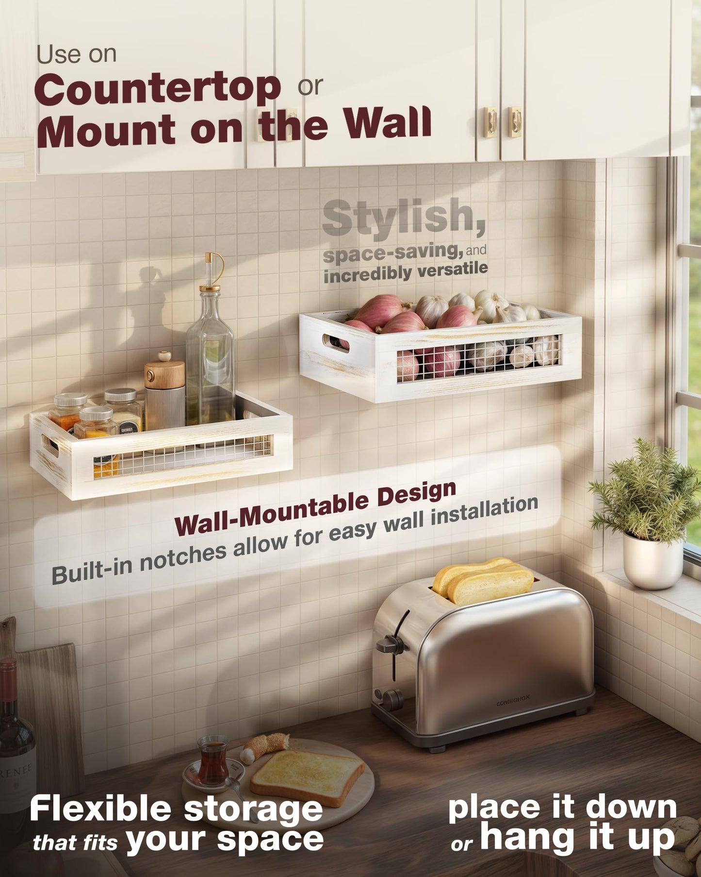 NAGAWOOD Wooden Countertop Baskets Set of 2 for Kitchen, Bathroom, Pantry|Wall Mount Upgrade with Full Accessories| Rustic Nesting Boxes|Wooden Organizer Crates for Fruit, Vegetables, Produce, Bread