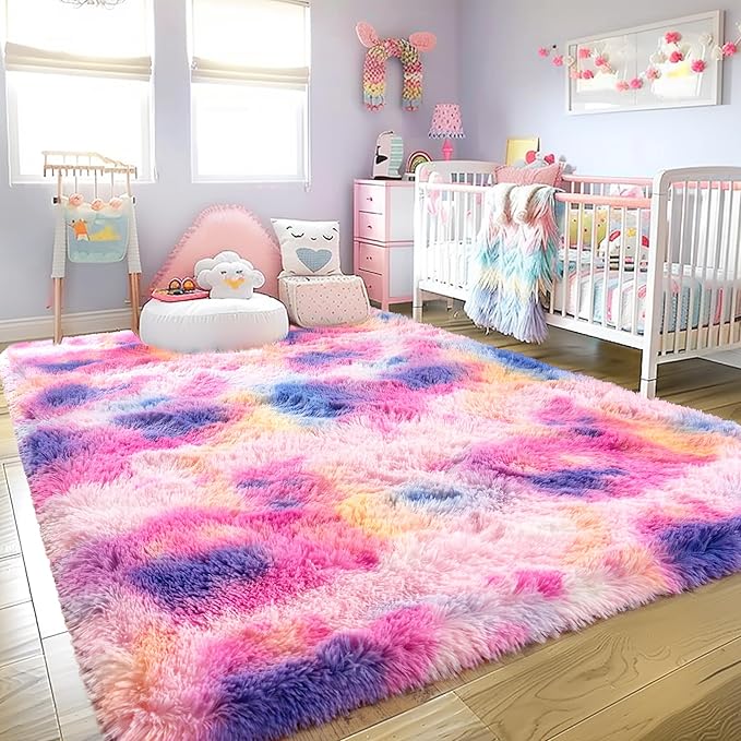 Large 9x12 Area Rugs for Living Room, Ultra Soft Shag Living Room Rug Thick Fluffy Rug for Bedroom, Plush Fuzzy Carpet for Girls Boys Kids Room Non Slip Dorm Rugs for Home Decor Aesthetic Dark Rainbow