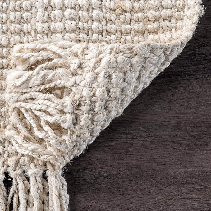 Nuloom Daniela Off-White, 6' Square, Handmade, Jute, Tassel, Soft and Textured, High Traffic, Stain Resistant, Easy Clean, Durable Area Rug for Bedroom, Living Room, Dining Space, Foyer, Entryway
