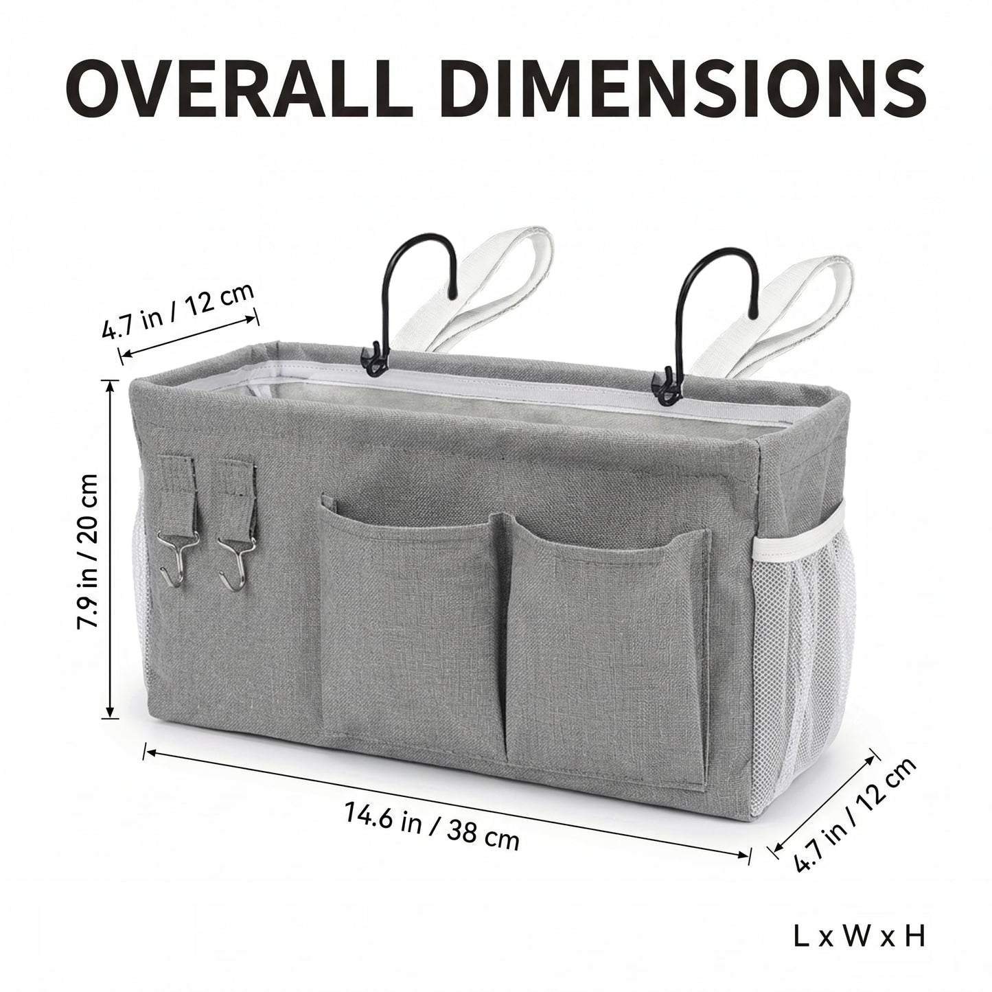 2pc Bedside Caddy Organizer with Hooks, No-Sagging Canvas Hanging Bed Pocket with Water Bottle Holder, Bedside Storage for Dorm Room Essentials, Bunk Bed Accessories, Hospital Bed Rails & Crib (gray)