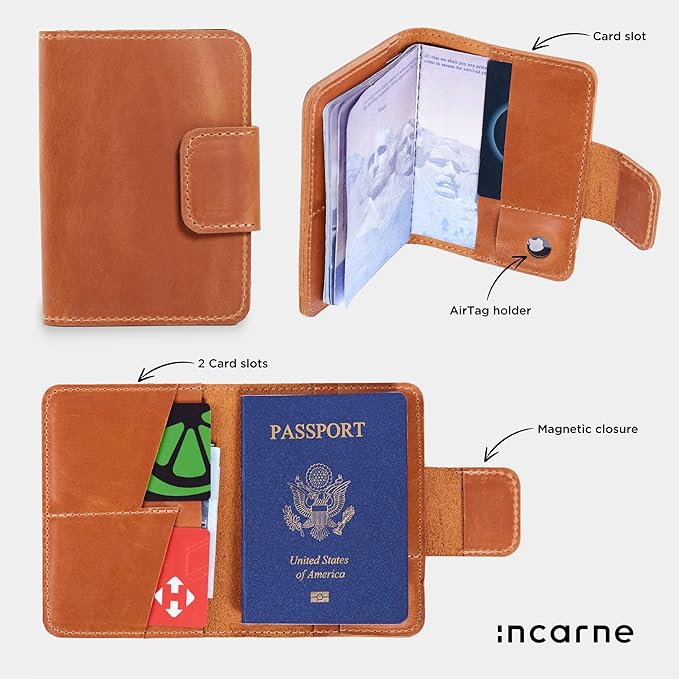 Leather Travel Passport Wallet - Passport Holder for Travel Compatible with Airtag Passports Cover with Card Slots & Note Compartment, Magnetic Closure, Genuine Leather Crazy Horse, Vintage Green