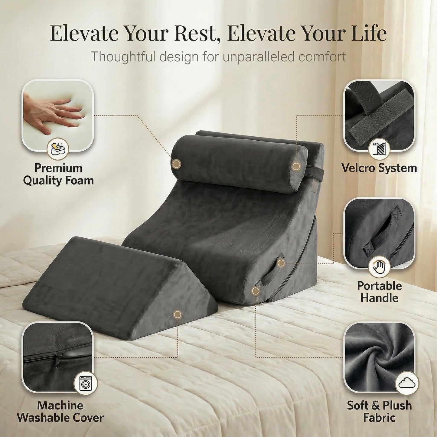 Axelrod Orthopedic Bed Wedge Pillow Set, Post Surgery Foam for Back, Neck and Leg Pain Relief Comfortable & Adjustable Ortho Pillows- Anti Snoring, Heartburn, Acid Reflux & GERD Sleeping Dark Grey