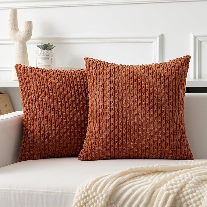 Kevin Textile Fall Throw Pillow Covers Soft Corduroy Decorative Set of 2 Boho Striped Pillow Covers Pillowcases Farmhouse Home Decor for Couch Bed Sofa Living Room 20x20 Inch Rust Brown