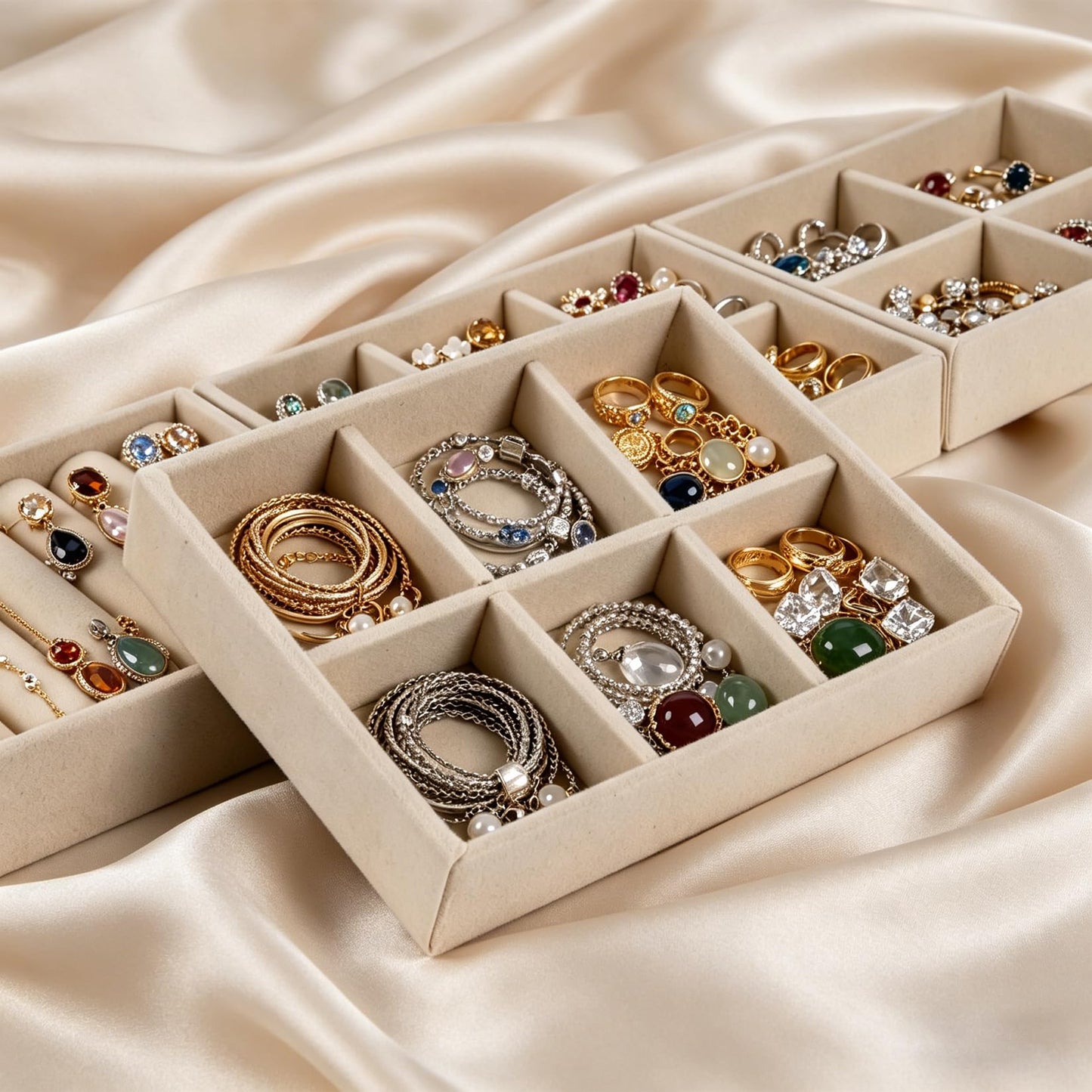 RingsTown 8-Piece Velvet jewelry drawer organizer inserts Removable Dividers, 4.8 * 3.7 * 0.9in Stackable Drawer Organizer, Vanity Dresser Storage