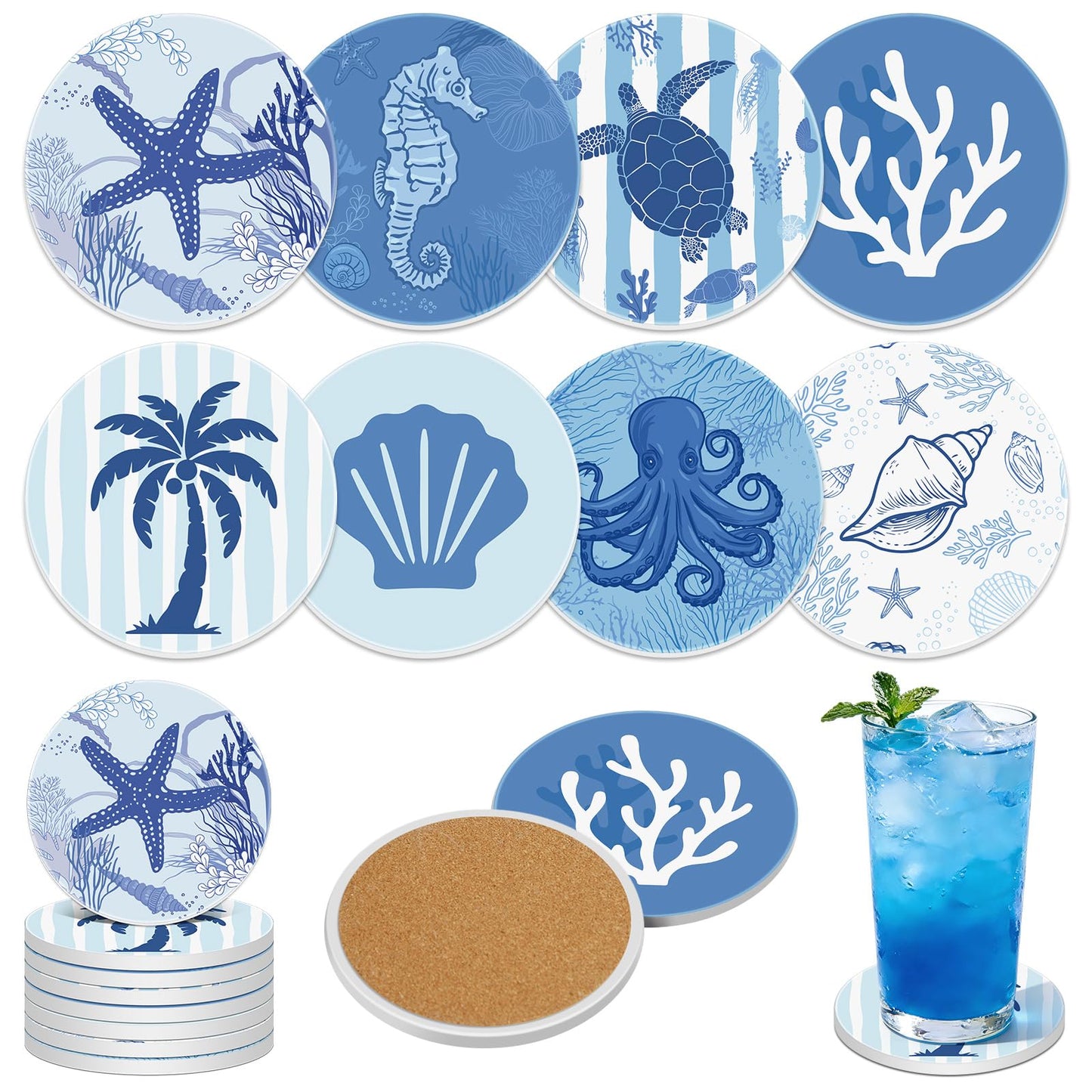 Remerry Coastal Coasters for Drinks Set of 8 Ceramic Stone Round Absorbent Coasters with Cork Base Beach Starfish Sea Ocean Life Decorations for Table Coffee Kitchen Bar Housewarming Gifts 4 Inches