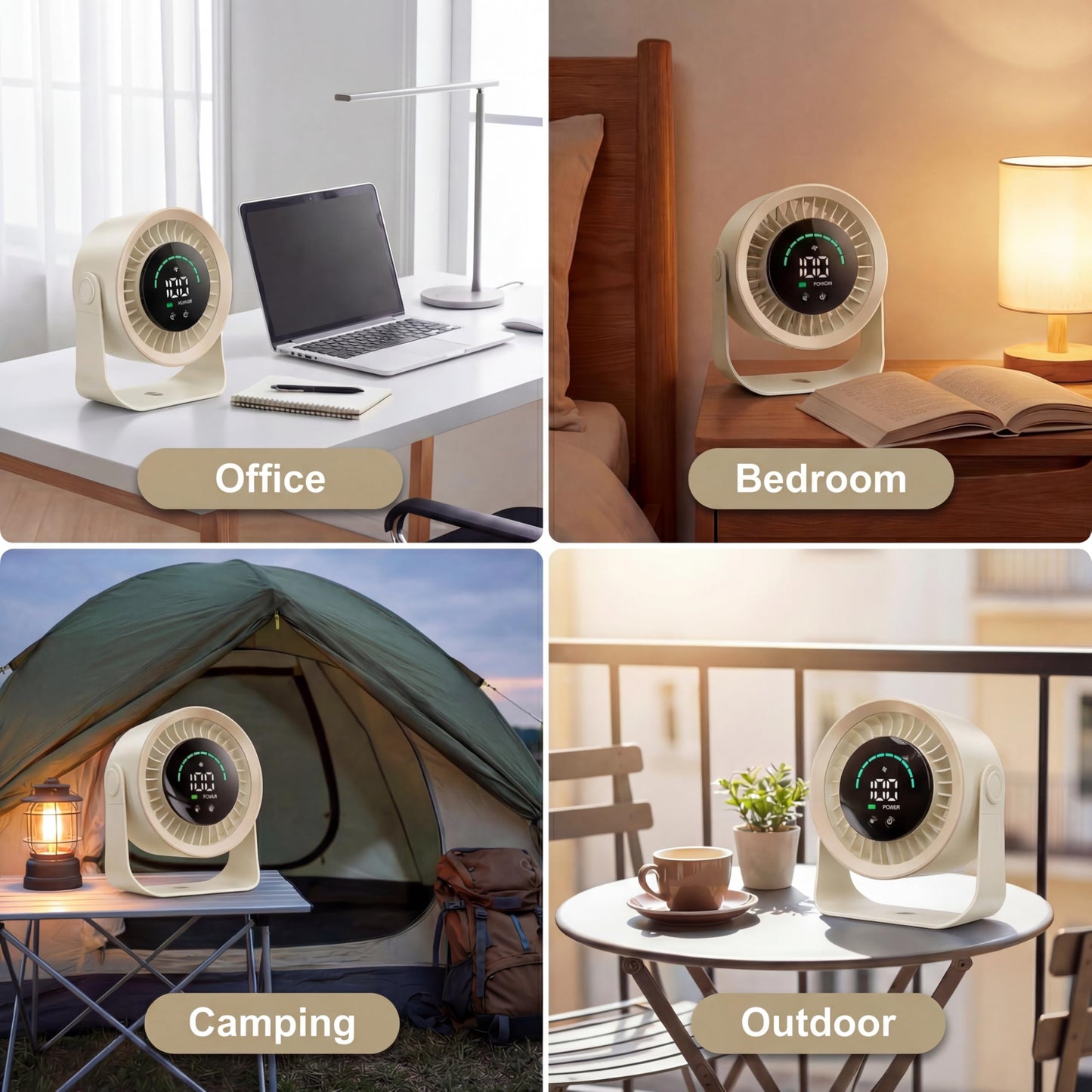 Refluxe Mini Desk Fan, Small USB Rechargeable Quiet Desktop Fan, Cooling Table Electric Fan with LED Digital Display, 360°Adjustable Tilt for Bedroom, Office & Home (Khaki)