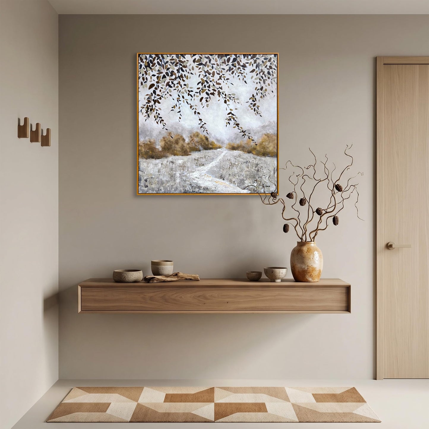 Eonzeun 32x32 Inch Square Framed Textured Canvas Wall Art, Modern Neutral Wabi-Sabi Abstract Landscape Painting for Living Room, Bedroom