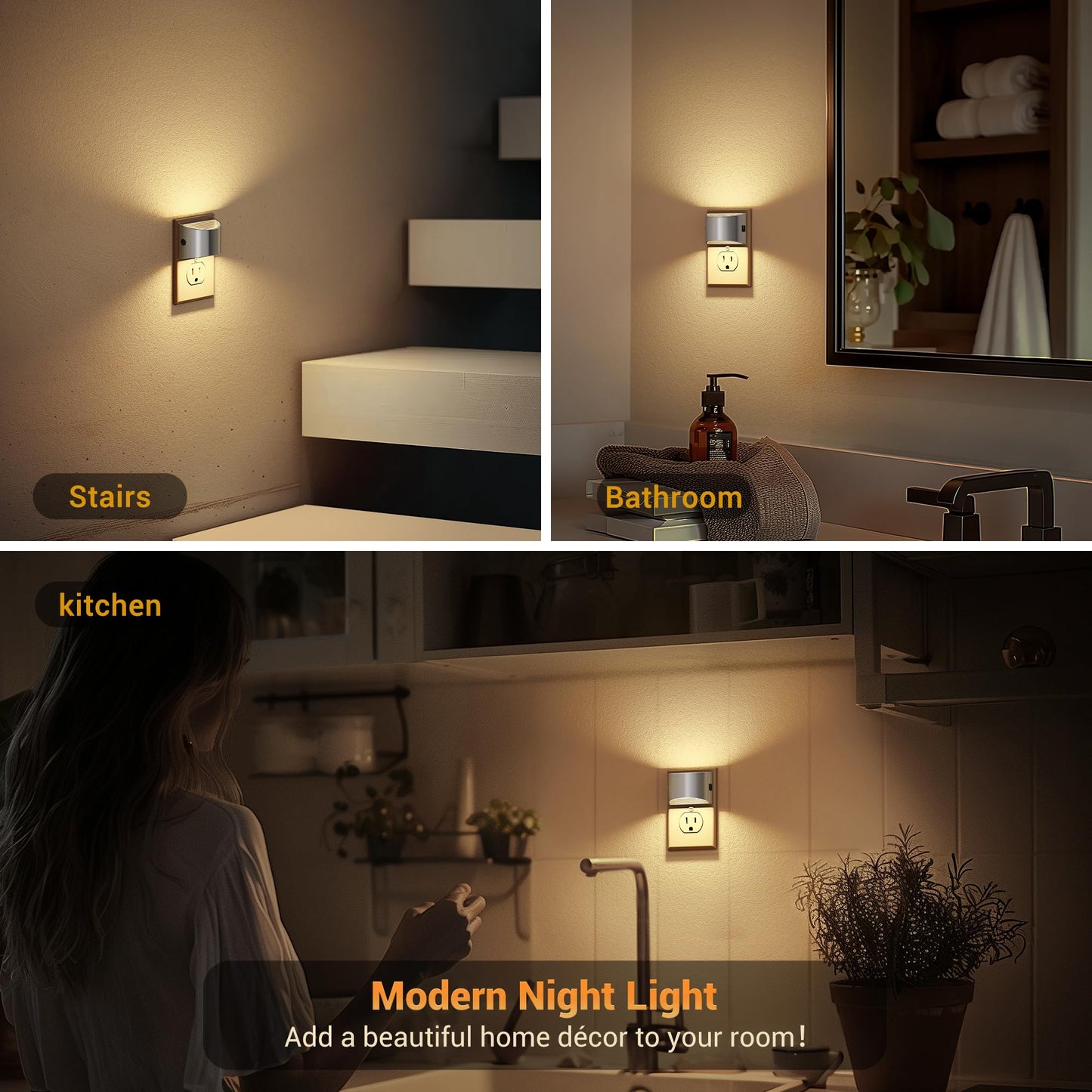 JandCase LED Night Lights Plug into Wall, 2 Pack Modern Night Lights, Dusk to Dawn Sensor Nightlight, 0-100LM Brightness Adjustable, 3000K Soft White(Silver)