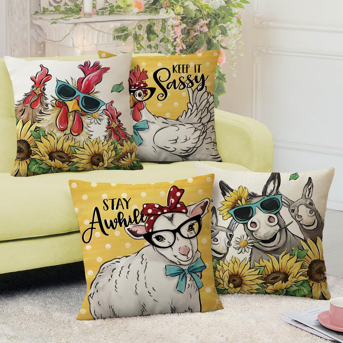 Fahrendom Funny Farm Animals Decorative Throw Pillow Covers 18x18 Set of 4, Spring Summer Rooster Sheep Donkey Sunflower Outdoor Pillowcase, Keep It Sassy Stay Awhile Fall Cushion Case Home Decor