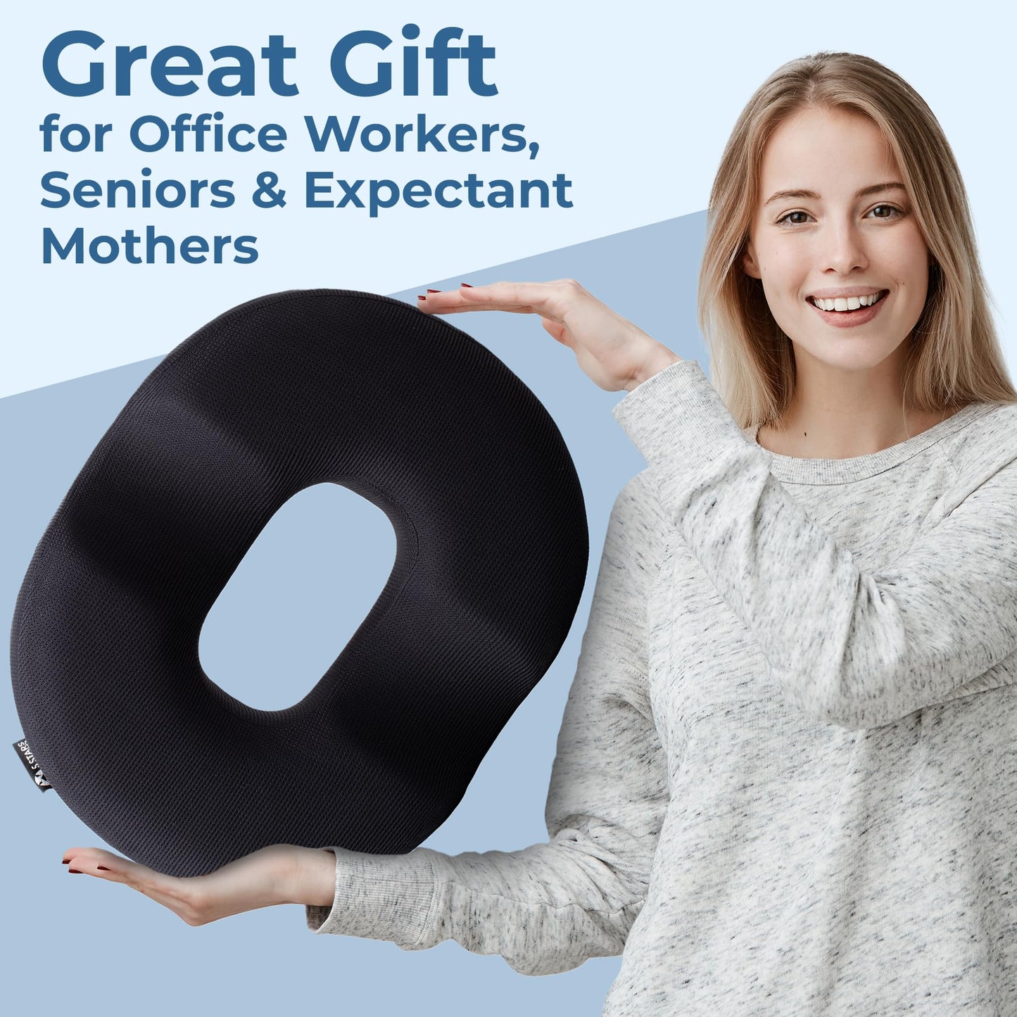 5 STARS UNITED Donut Pillow for Tailbone Pain & Hemorrhoids ā Large Memory Foam Seat Cushion with Cooling Gel Layer for Bed Sore-Prone Areas & Pressure Relief ā Black Mesh Cover