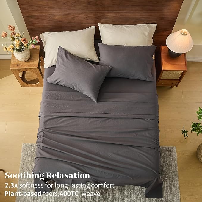 MEISHANG 100% French Pure Linen Sheets California King Size - Extra Deep Pocket Sheet Set, Soft Durable Flax Linen, Anti-Tear Breathable & Oeko-Tex Certified 18-24 Deep Pocket,All Season(Dark Grey)