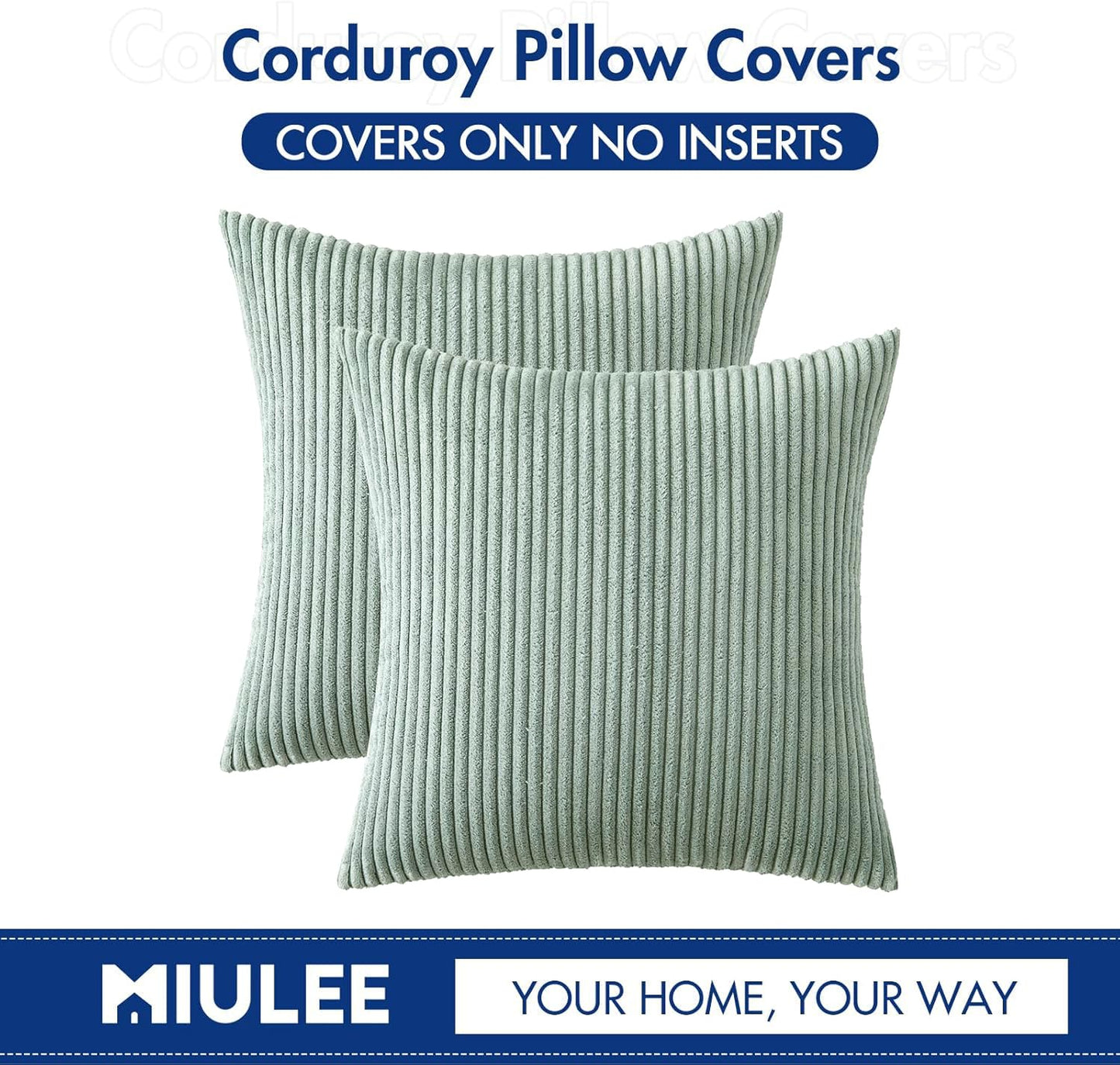 MIULEE Decorative Corduroy Pillow Covers Soft Solid Pack of 2 Cushion Cases Boho Square Throw Pillow Covers Greyish Green Pillowcases for Couch Chair Sofa Bed Living Room Home Decor 18 x 18 Inch