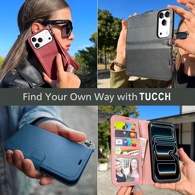 TUCCH Wallet Case for iPhone 17 Pro (6.3-Inch) 2025, Wrist Strap | RFID Blocking 4 Card Holders | Stand | Shockproof TPU Shell | PU Leather | Magnetic | Protective Flip Cover | Light Blue