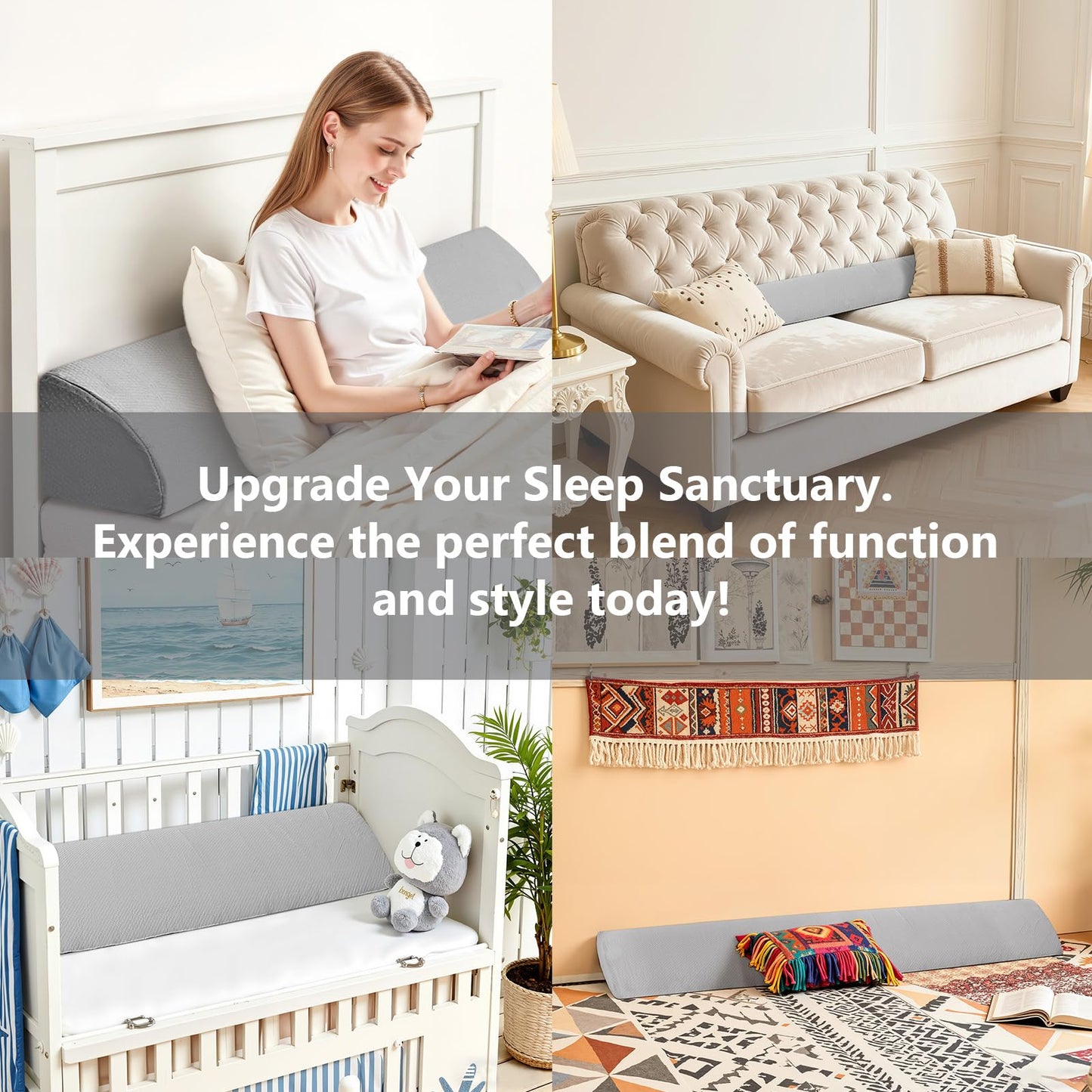 DUMOS Bed Wedge Pillow for Headboard & Mattress Gaps, 54-inch Long - Supportive Wedge Pillow with Side Pockets, Bed Wedge for Back Pain Relief, Reading & Sleeping, Removable Washable Cover