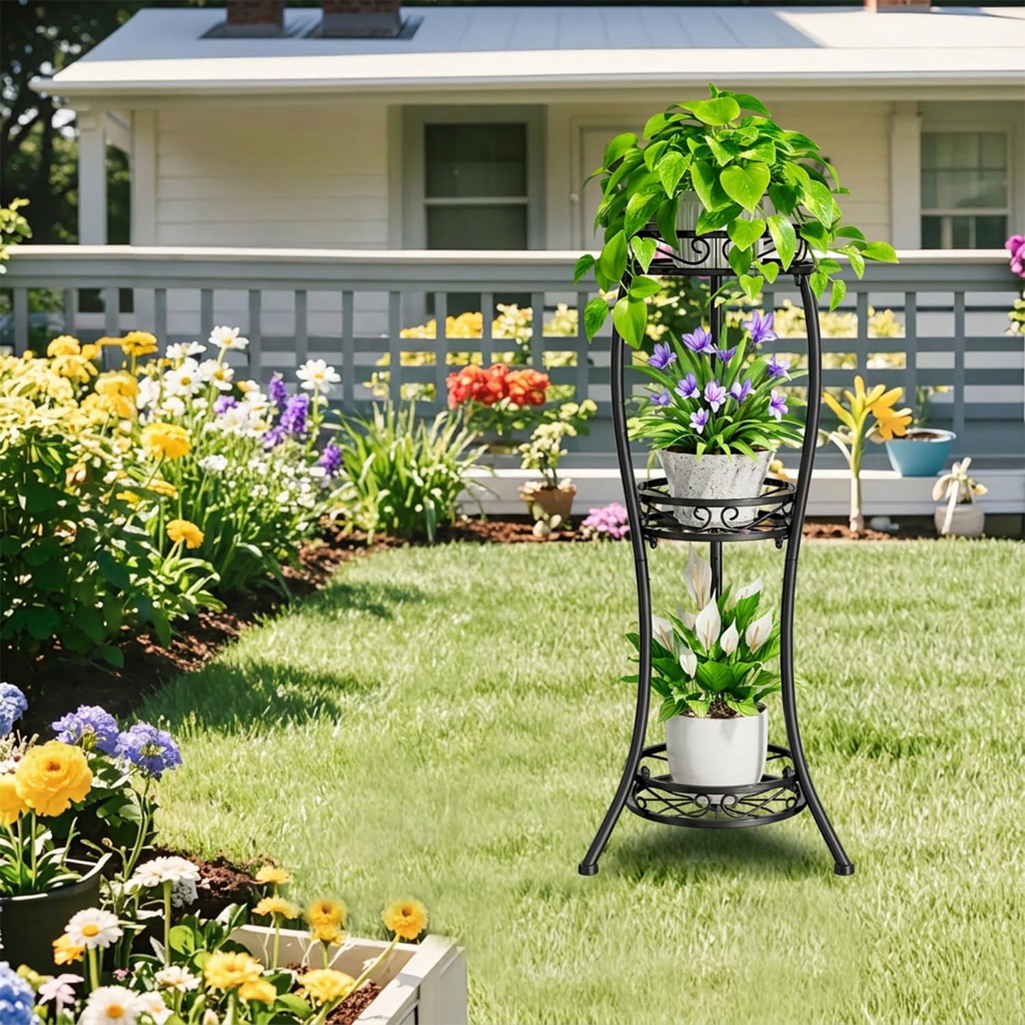 iDavosic.ly 3 Tier Tall Metal Plant Stand Indoor Outdoor, Wrought Iron Corner Flower Pot Holder Shelf, 34 Inch Vertical Display Rack for Patio Porch Living Room Garden, Black