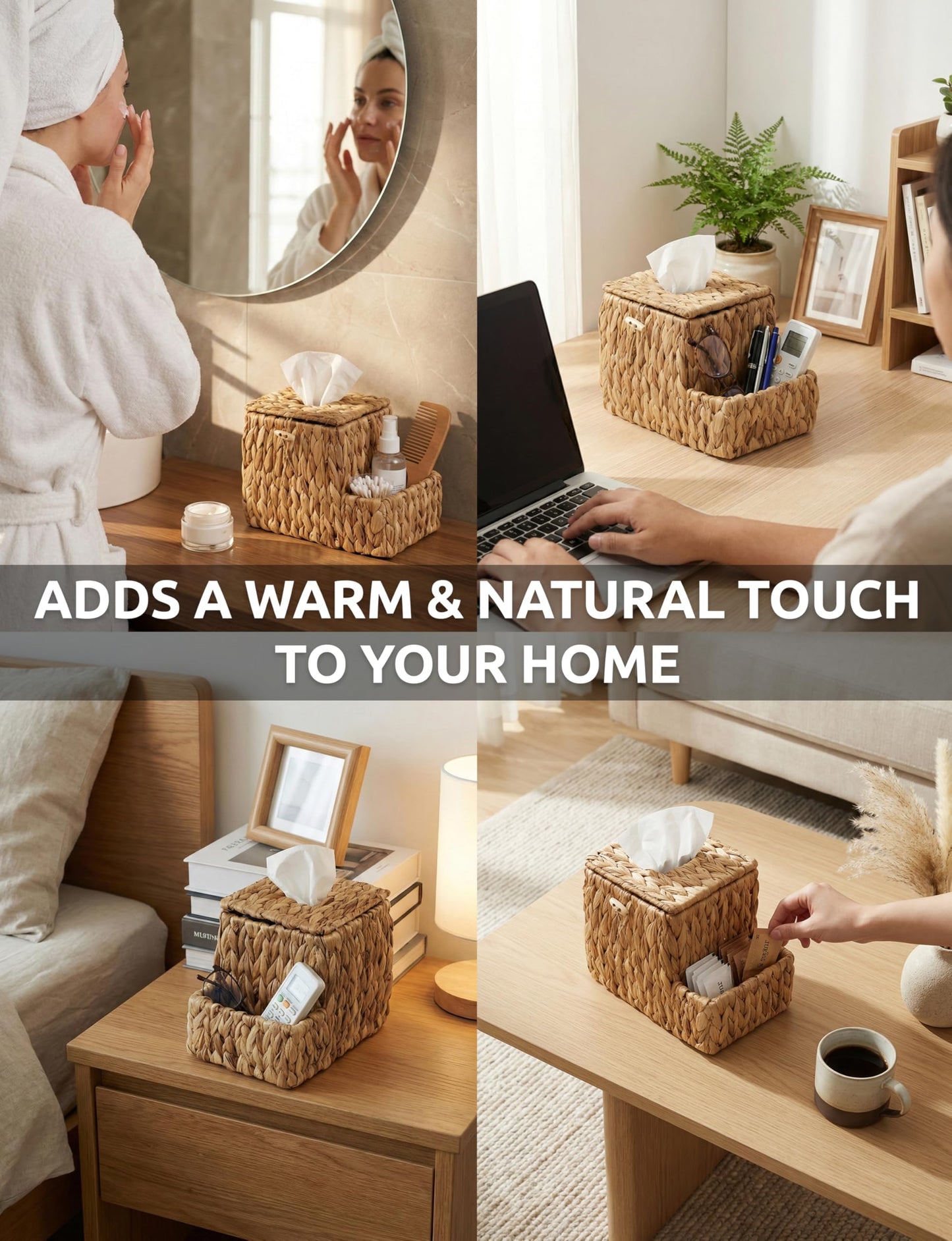 Demigo Water Hyacinth Tissue Box Cover with Side Organizer, Handwoven Wicker Napkin Box Holder with Metal Frame, Boho Farmhouse Tissue Box Storage for Kitchen, Bedroom & Living Room