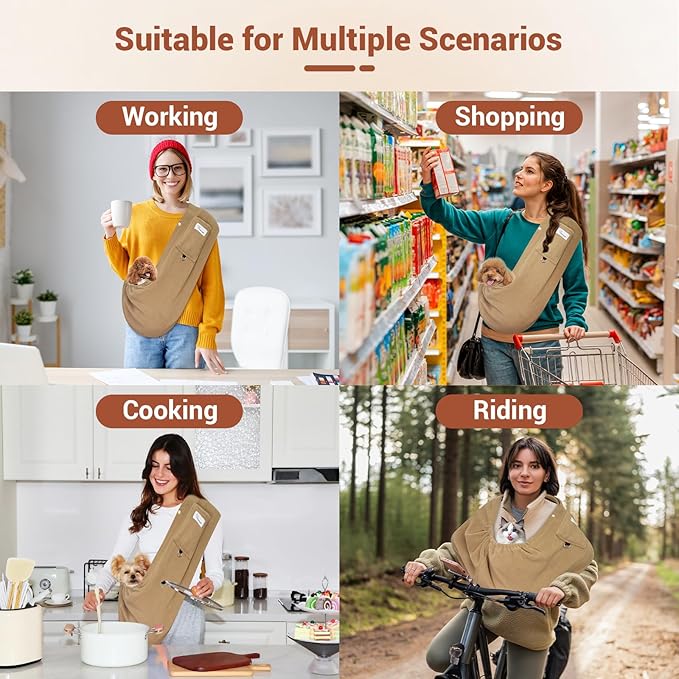 Yunpawpet Dog Carrier Sling,Indoor Comfort Adjustable Cat Sling Carrier,with Front Pocket and Seat Belt Dog Carriers for Small Dogs Machine Washable,Suitable for Family Outdoor Use (Medium, Khaki)