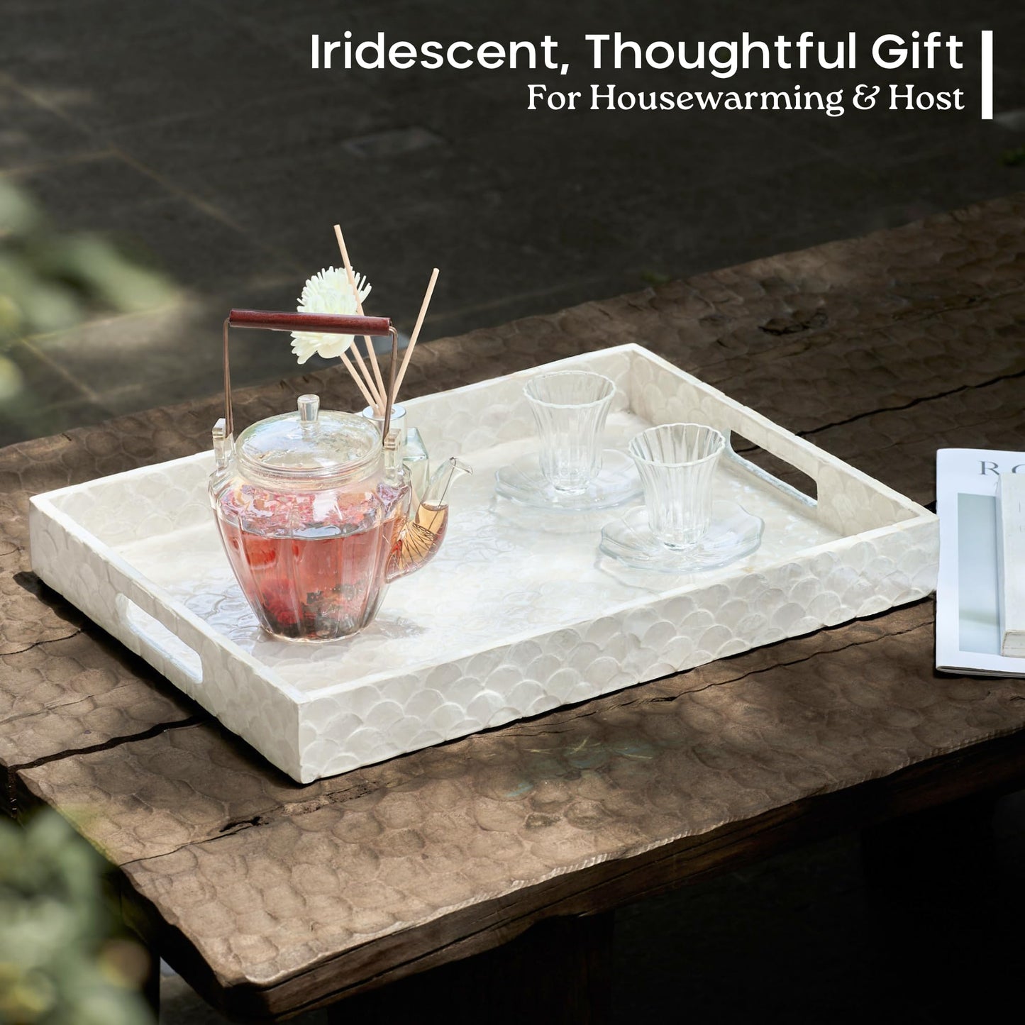 CHI AN HOME Capiz Decorative Tray 15.8β x 11.8β x 1.8" Rectangular Tray, Natural Handmade Serving Tray with Handles for Coffee Tables, Ottoman, Vanity, Kitchen, Coastal Boho Home Decor, White
