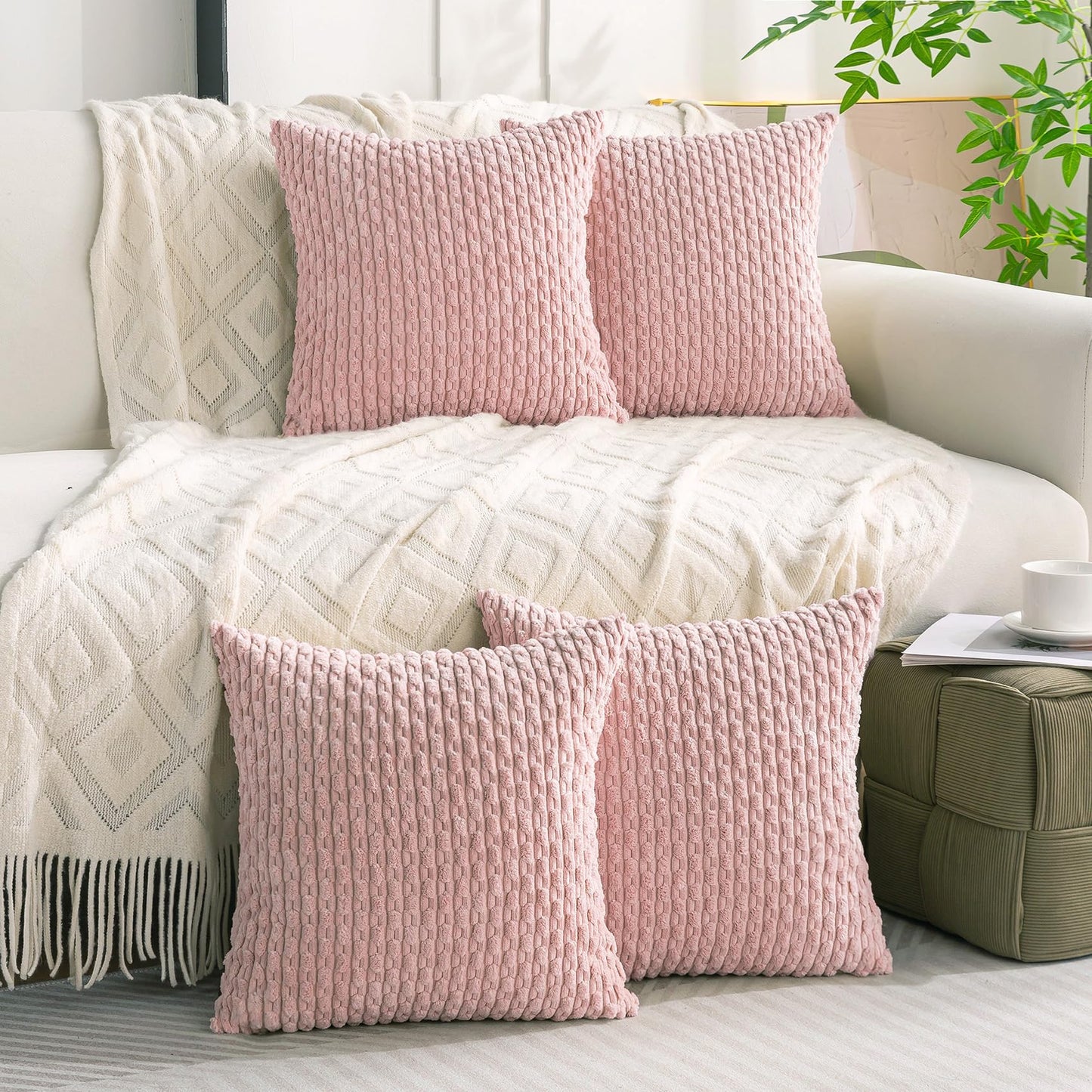 Cozoomy Set of 4 Light Pink Decorative Throw Pillow Covers 20x20 Inch Corduroy Pillow Covers for Bed Couch Sofa Living Room Soft Square Cushion Cases
