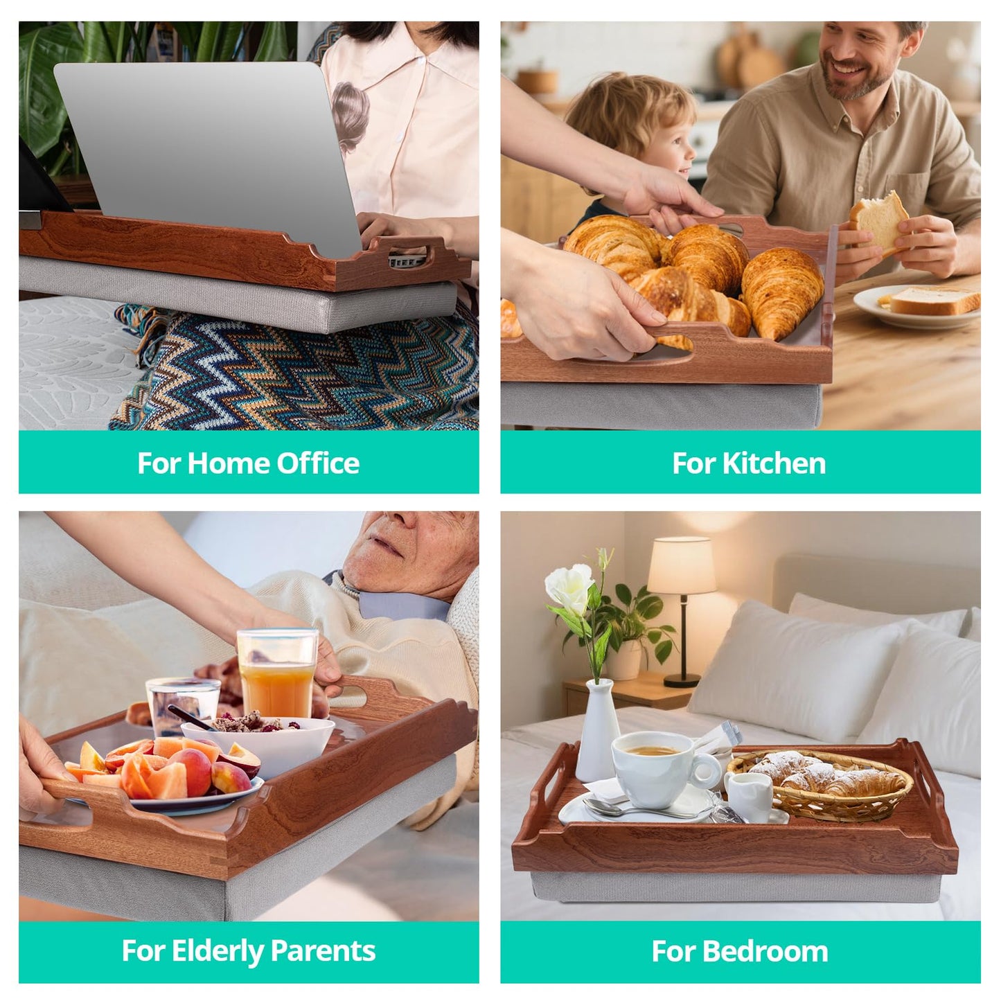 DRELIFAM Lap Desk with Cushion,Wooden Bed Tray Table for Eating,Lap Tray in Recliner,Breakfast Tray,TV Dinner Bed Food Trays (2 Sapele Wood with 1 Basket)