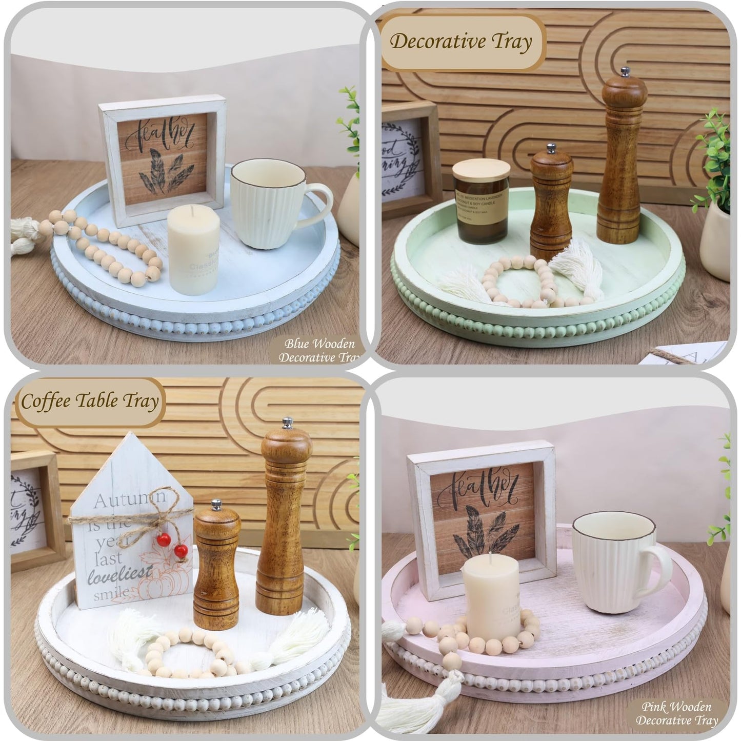 Lnofemin Round Burnt Wood Serving Tray with Beads, Wooden Decorative Tray for Entertaining, Decoration, and Gifting,