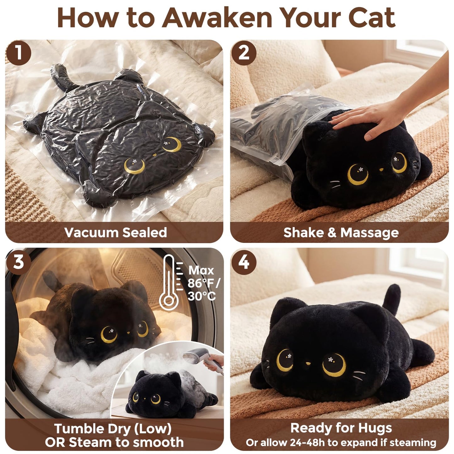Mewaii Cute Black Cat Plush Pillow, Kawaii Plushies Black Cat Stuffed Animals, Squishy Plushies, Cuddle Plush Pillow for Kids & Girls (13 Inch)