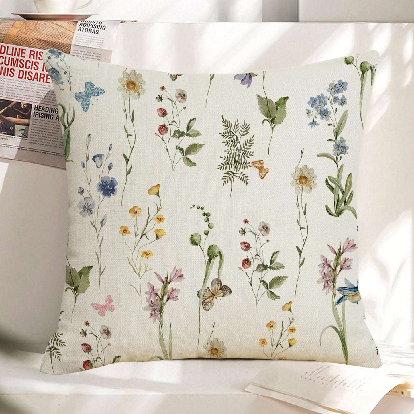 FJWMZ Spring Summer Floral Pillow Covers 18x18 Inch Sage Green Wildflower Leaf Herbs Throw Pillows Cover Set of 2 Outdoor Farmhouse Plant Linen Decorative Square Pillowcase for Couch Bed Sofa Decor