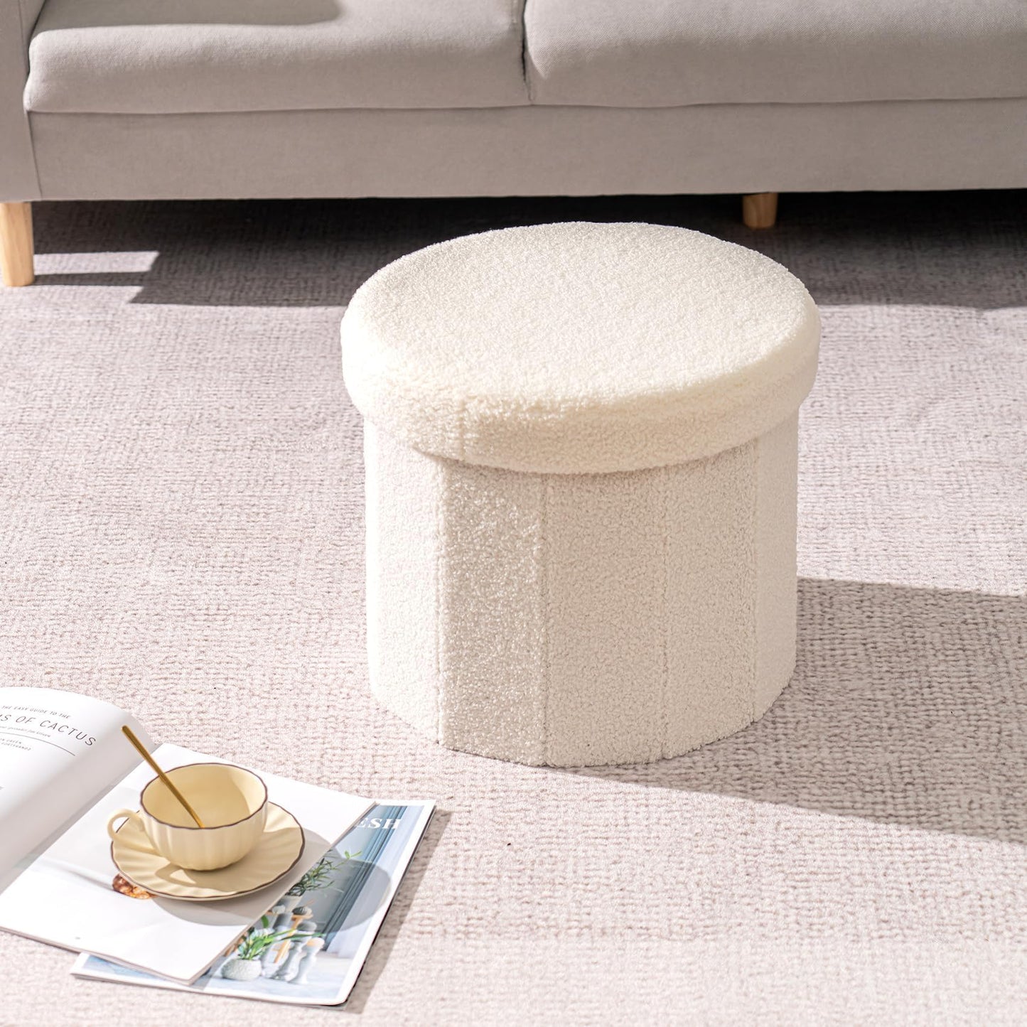PINPLUS Round Storage Ottoman Cube Footrest - Versatile Boucle & Faux Teddy Fur with Hidden Compartment for Living Room, Dorm, Bedroom White, 15"x15"x13.2"