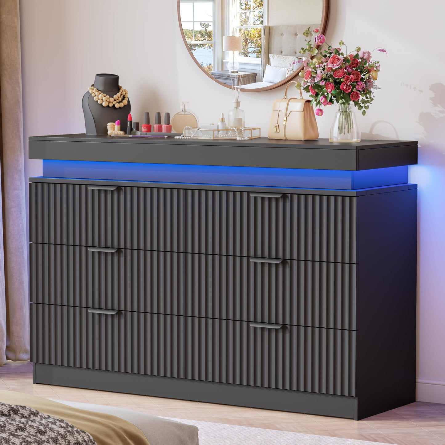 BOXACTION Dresser for Bedroom with RGB LED Lights and Charging Station, 6 Drawers Wooden Chest of Drawers, 47.2" Wide Fluted TV Stand, Closet Clothes Storage Organizer for Living Room, Hallway, Black