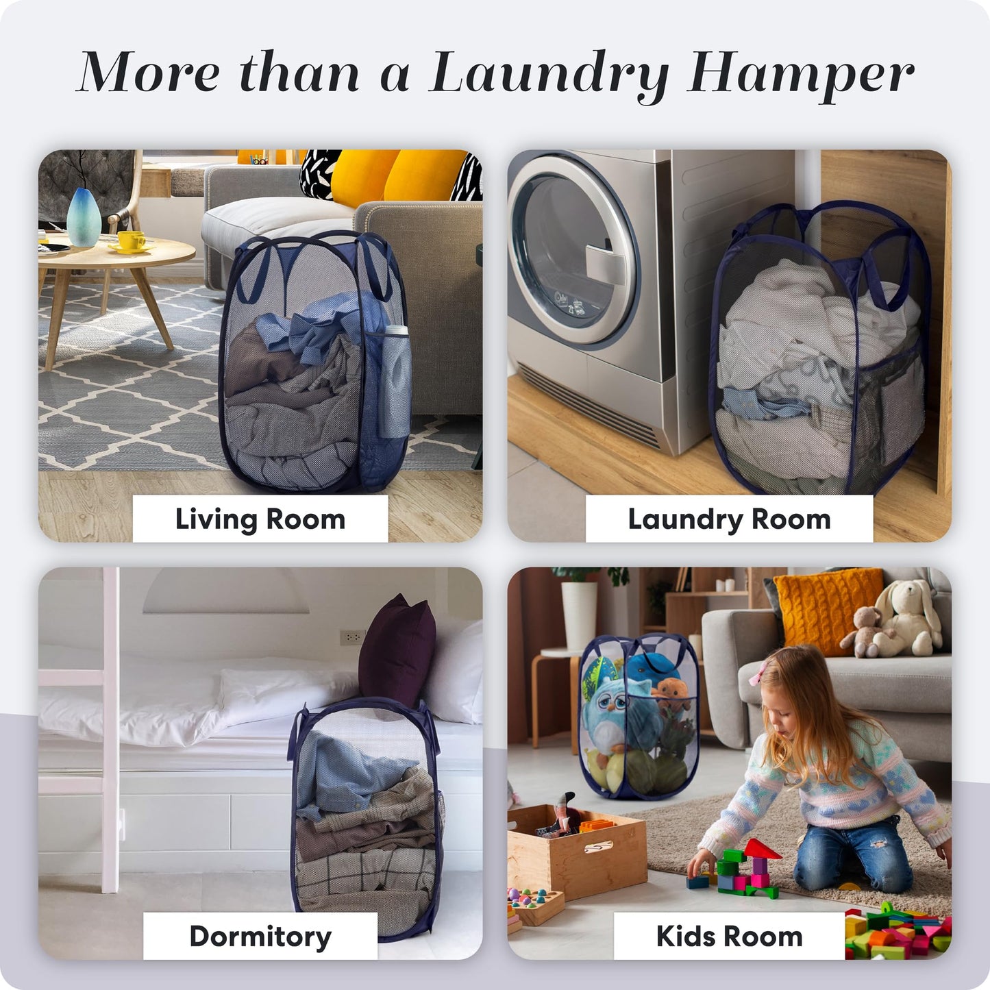 Handy Laundry Collapsible Mesh Pop Up Laundry Hamper 2-Pack – Large Foldable Laundry Basket with Side Pocket, Breathable & Durable, Space-Saving for Clothes, Toys, Travel, Dorm, Bedroom, Blue