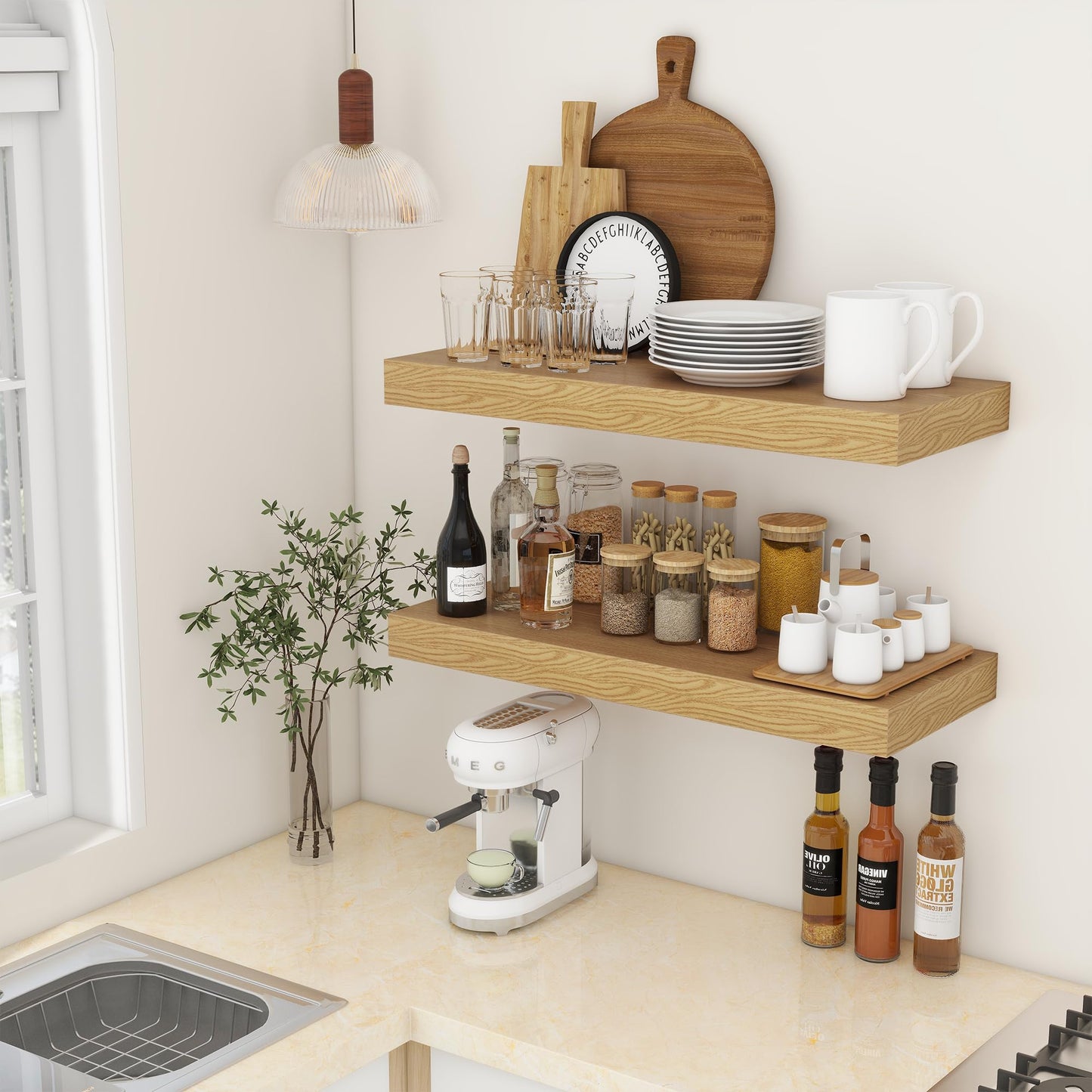 FLYJOE 30 Inch Floating Shelves | 12 Inch Deep Oak Floating Shelves Set of 2 | 30" W x 12" D Rustic Wood Shelves for Wall | Deep Oak Shelves for Living Room Bathroom Laundry Room Kitchen