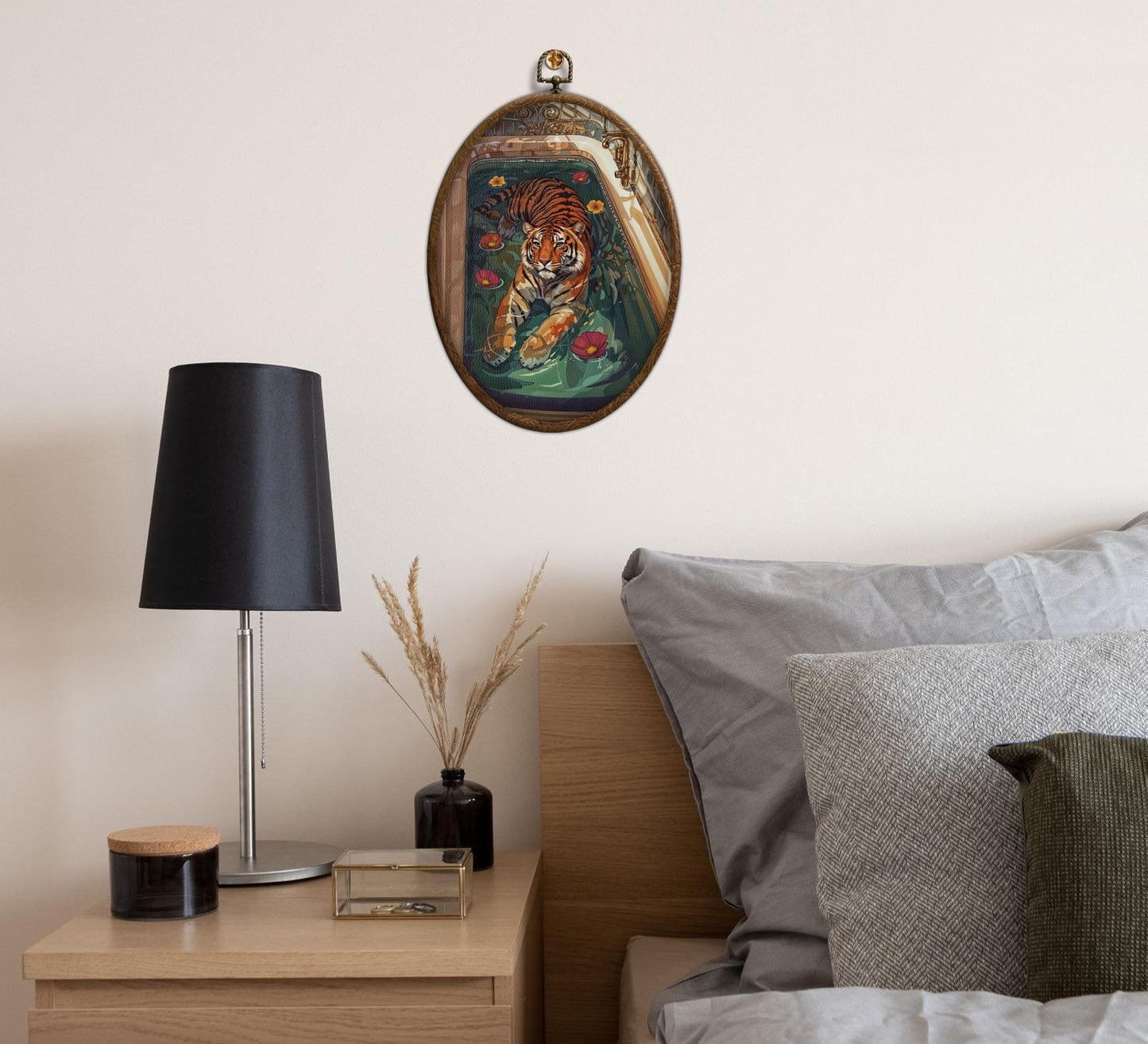 Tiger in Bathtub Oval Framed Wall Art, Eclectic Tiger Wall Art, Waterproof maximalist Bathroom Decor, Retro Trendy Aesthetic maximalist Eclectic Bathroom Decor for Bedroom Living Room Home, 21