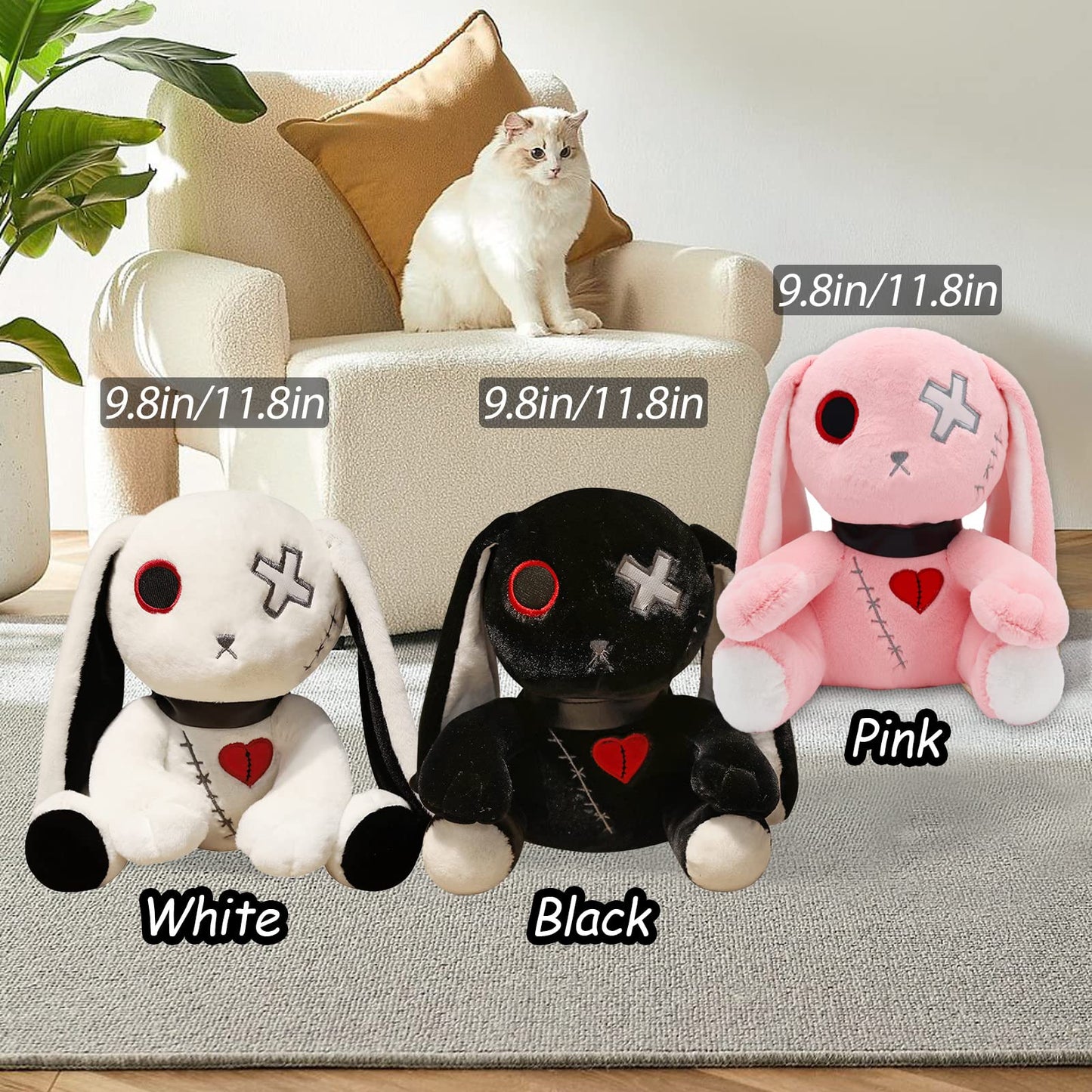 Qleewei Goth Bunny Plush Rabbit Stuffed Animal Horror Plushies Easter Stuffed Creepy Spooky Bunny Stuffed Animal Crazy Rabbit Plushie Toy