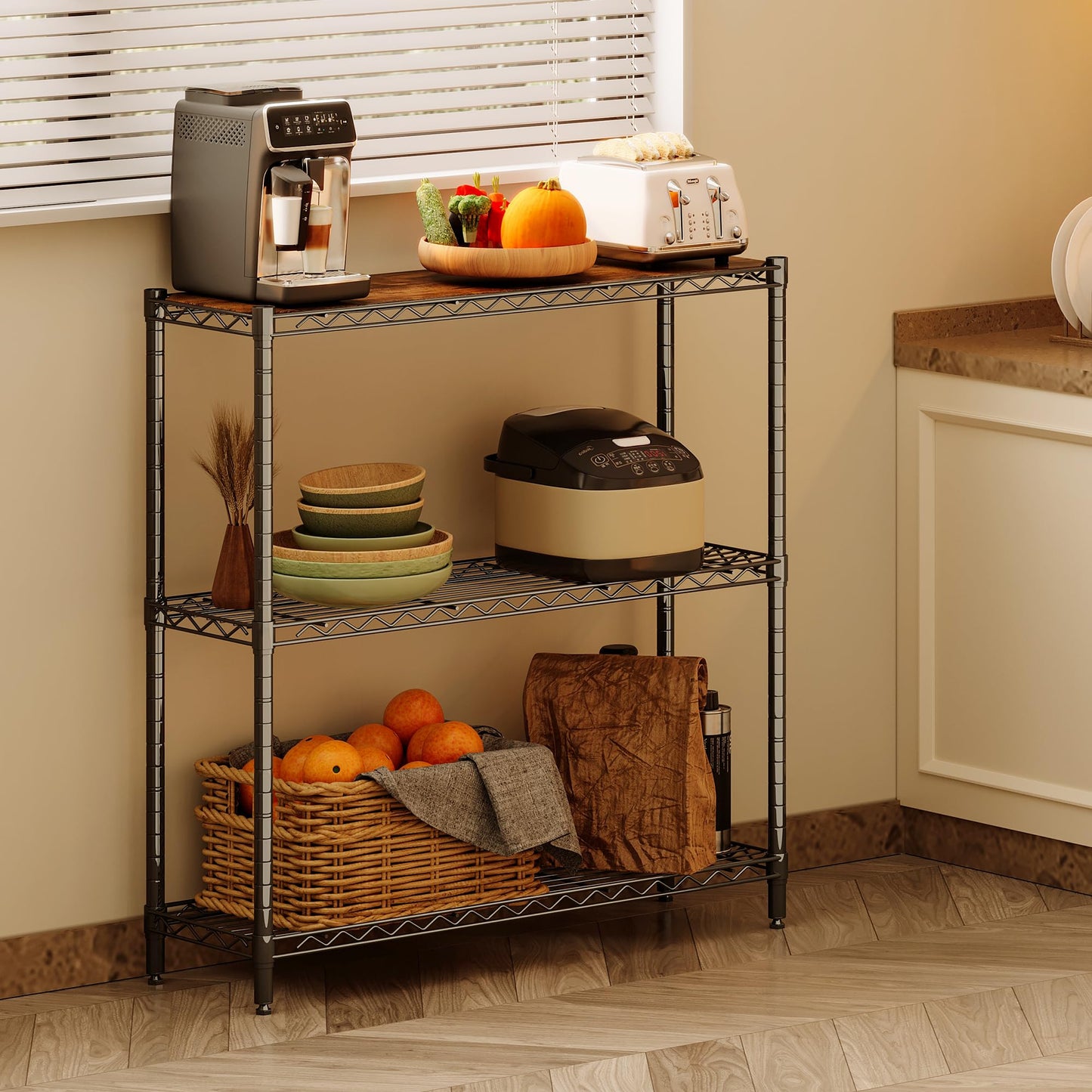 Homeiju 3-Tier Storage Rack, 29.8" Wide Heavy Duty Metal Shelving Unit, Top Tier with Removable Wood Board, 200 lbs Capacity per Shelf, for Pantry, Bathroom, Garage, Entryway, Plant Stand