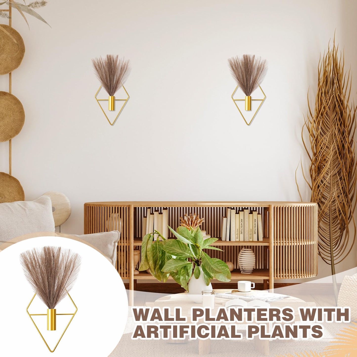 Jexine 2 Pcs Hanging Planters with Artificial Plants Metal Hanging Vase Indoor Plants Holder Modern Geometric Boho Wall Decor for Living Room Home Office(Gold, Brown Pampas)