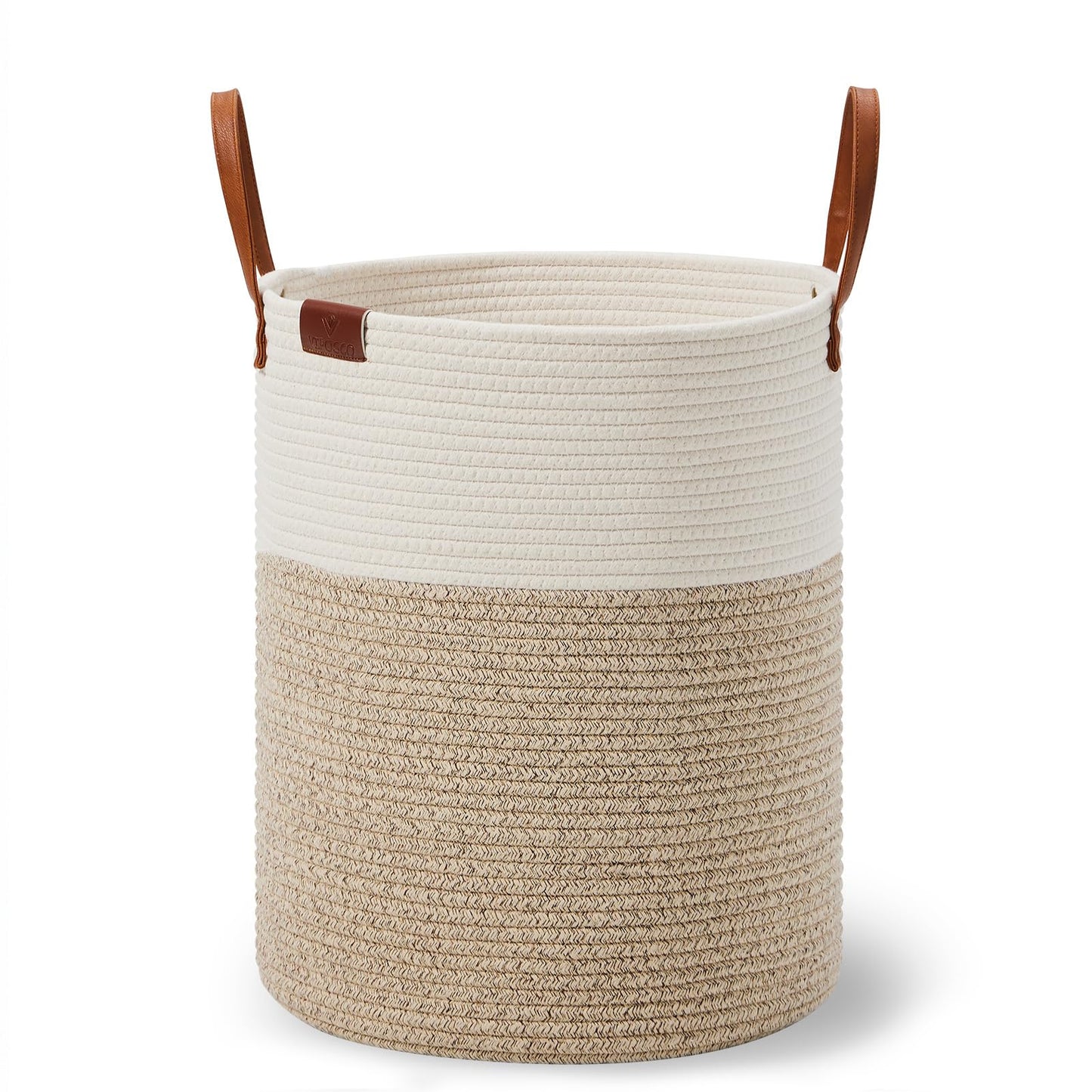 VIPOSCO 53L Tall Woven Rope Laundry Hamper, Leather Handles, White & Brown