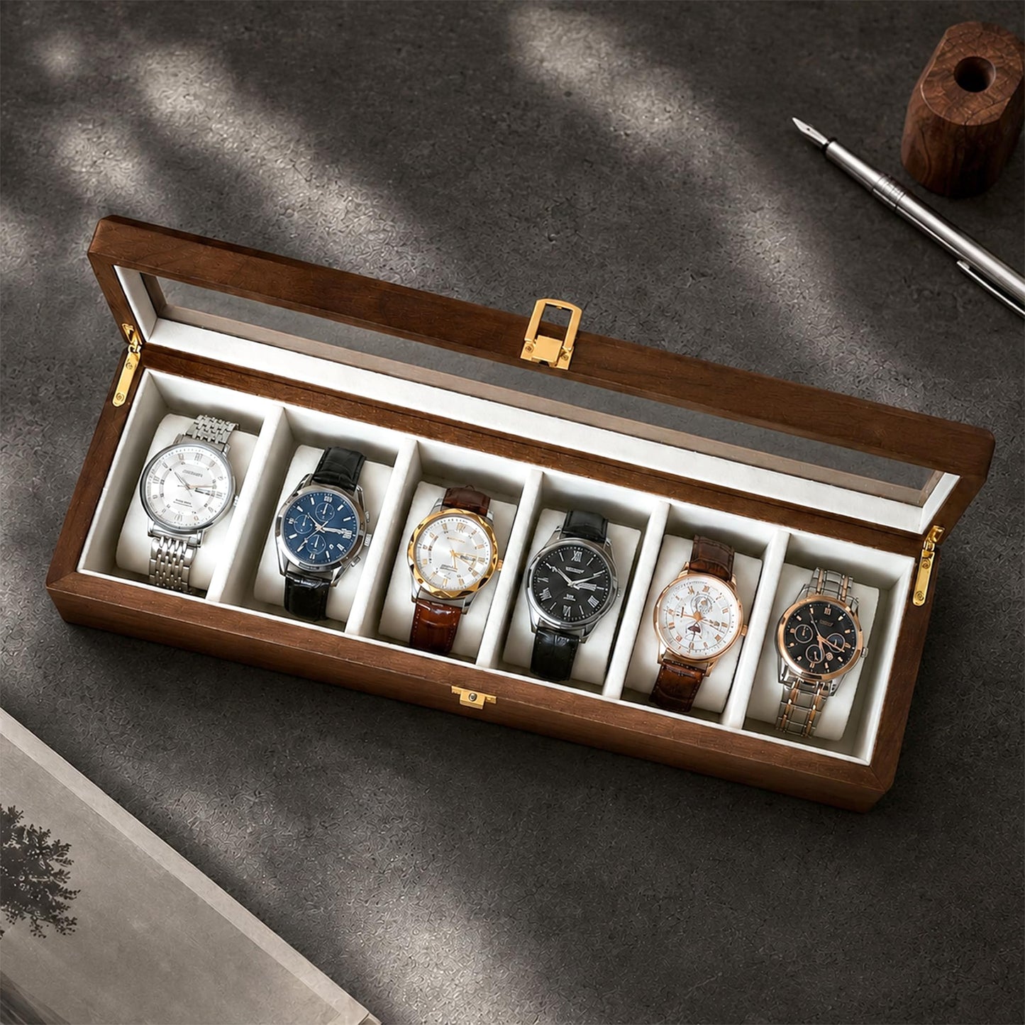 Solid Black Walnut Watch Box, 6 Slot Wooden Watch Organizer with Glass Lid, High-End Watch Display Case Jewelry Storage Box, Gift for Husband, Dad, Birthday, Anniversary, Father’s Day, Men and Women