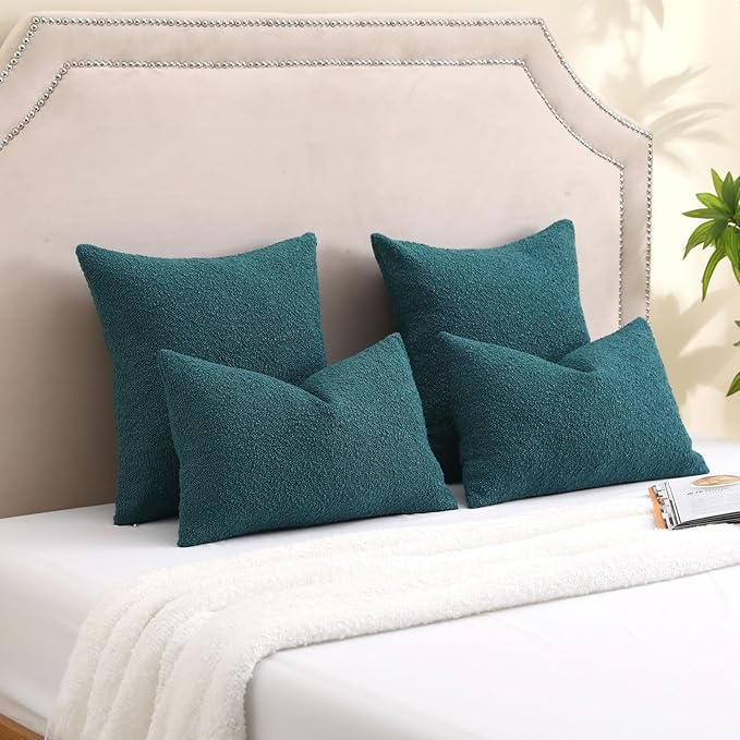 FUTEI Pack of 2 Teal Green Decorative Throw Pillow Covers 12x20 Inch Soft Cozy Solid Boucle Textured Lumbar Pillow Cases,Modern Home Decor for Couch Bed Living Room