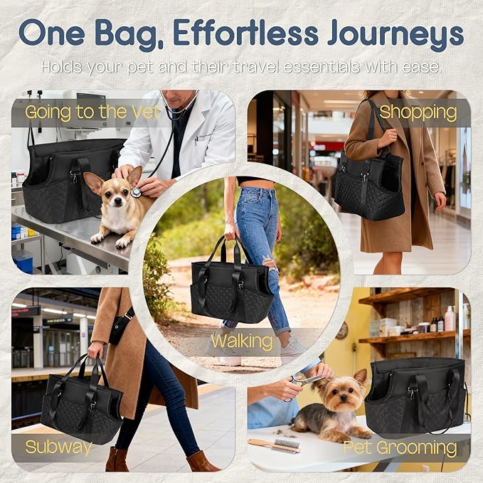 YUDODO 4-12lbs Dog Tote Bag for Women, Lightweight Small Dog Purse Carrier with Treat Pouch & Safety Clip, Large Pockets Pet Shoulder Handbag for Travel, Outing, Vet, Black, Purse+Treat Pouch