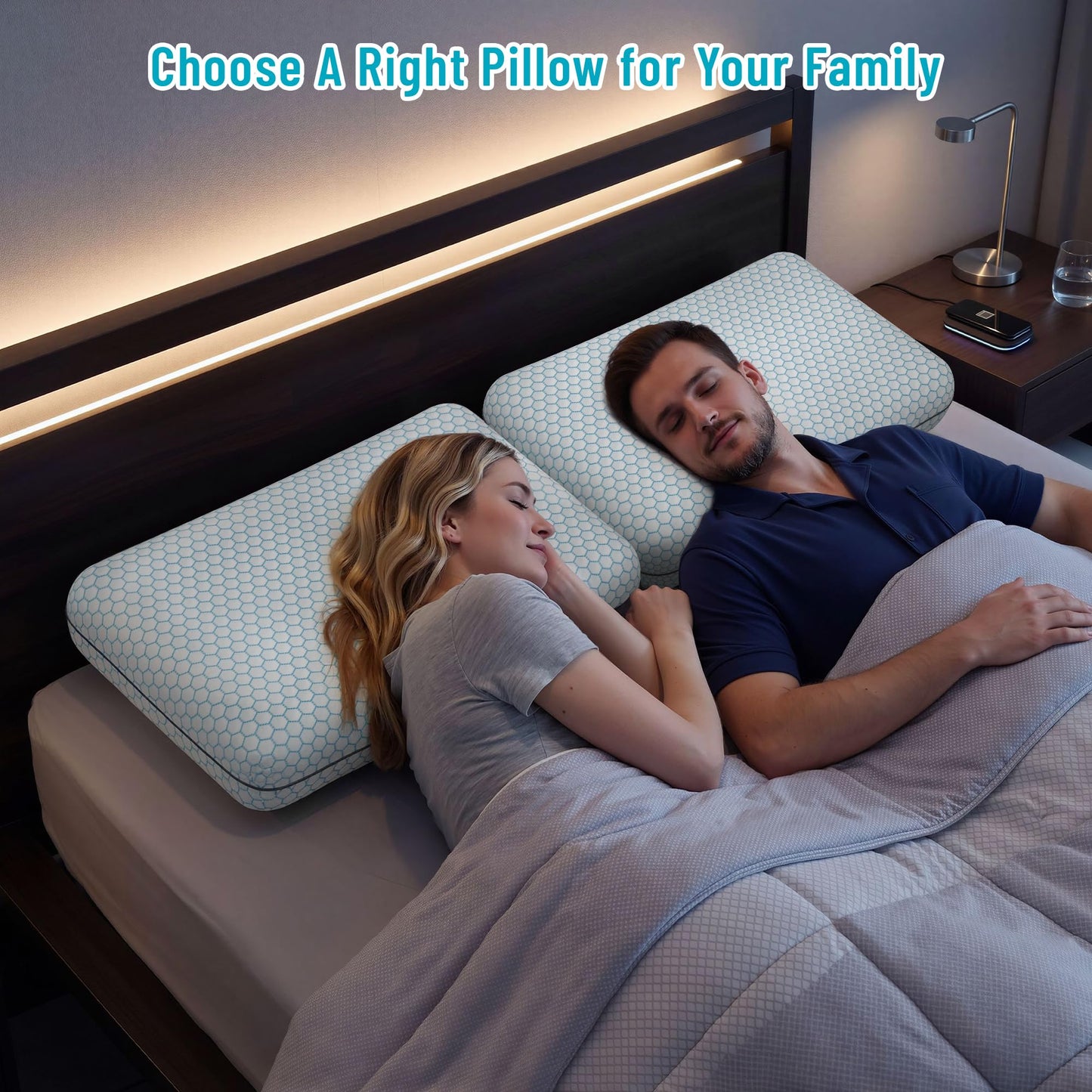 CushyOasis Memory Foam Pillows for Side, Back and Stomach Sleepers, Set of 2, Bed Pillow with Washable Cover and Breathable Mesh, Bed Pillow for Sleeping (Blue,Standard Size)