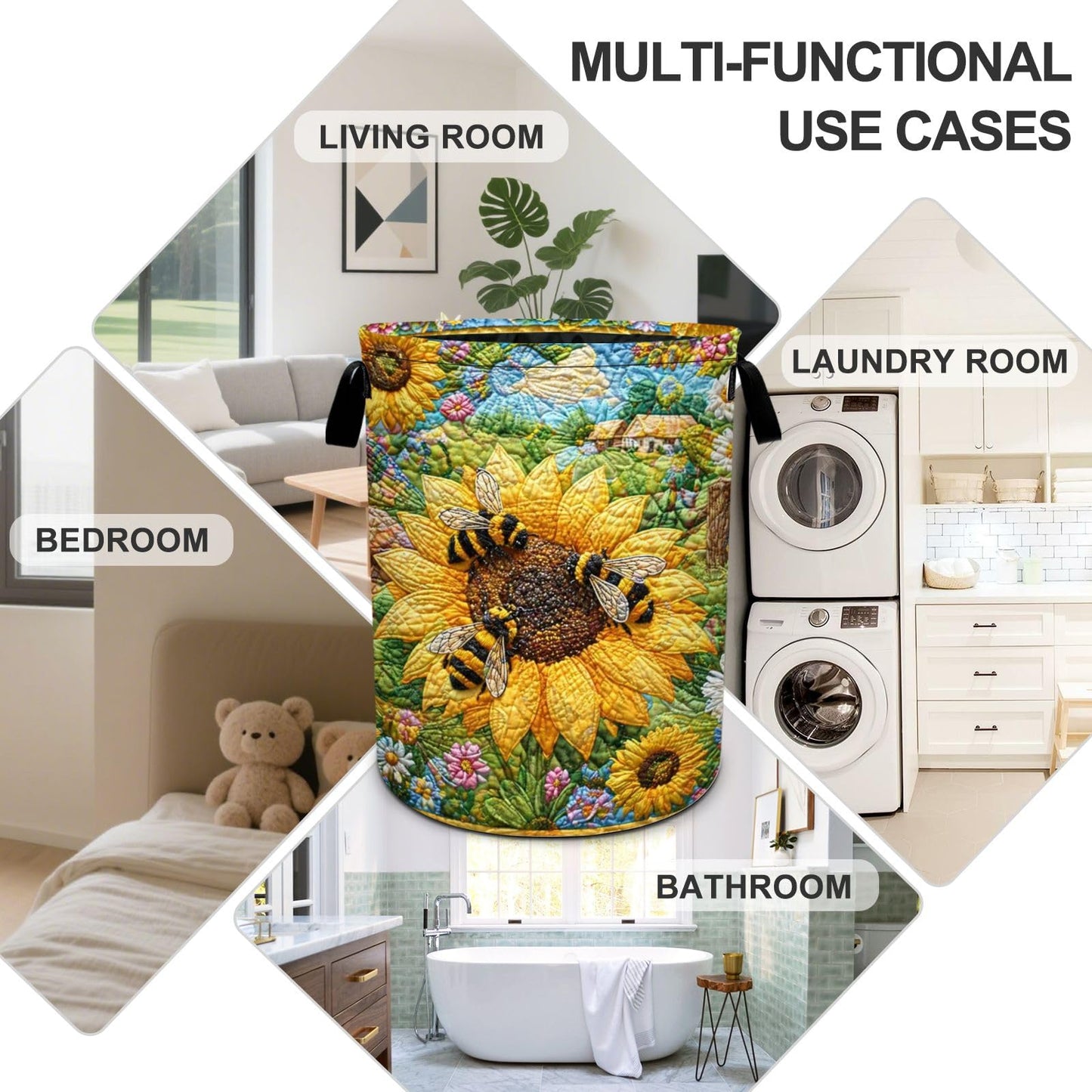 Bee Sunflowers Laundry Basket Foldable Oxford Laundry Hamper With Handle For Room Bathroom Bedroom