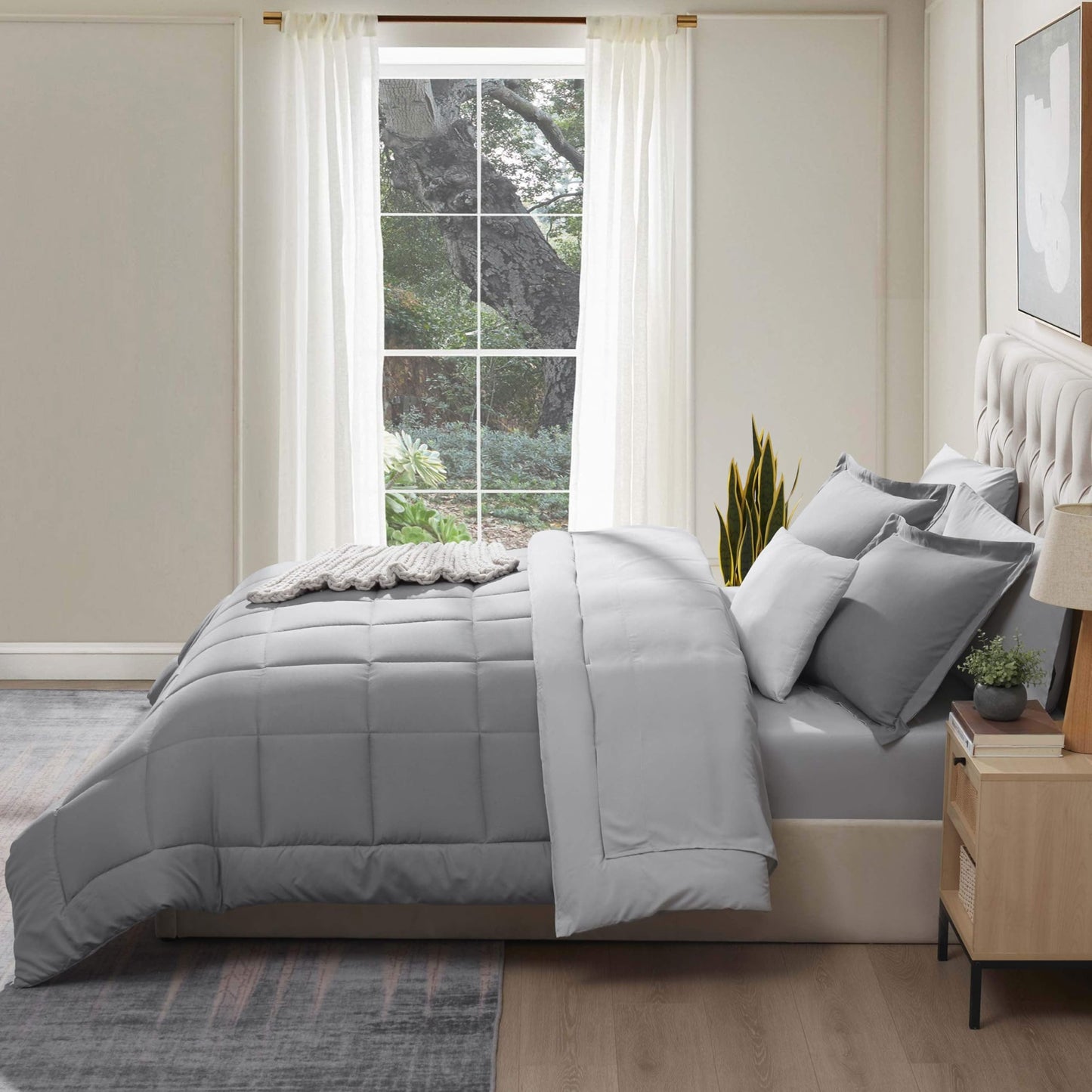 Nestl 7 Piece Queen Comforter Set – Grey Reversible Bed in a Bag – Complete Queen Size Bedding Set with Sheets, Pillowcases and Shams