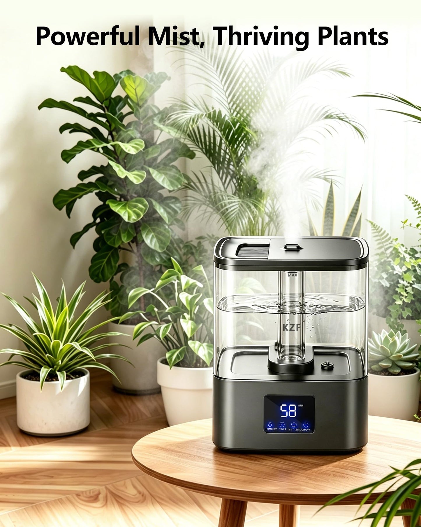 KZF 4L Top Fill Humidifiers for Bedroom & 40H Runtime - Cool Mist Humidifier, 3 Mist Levels, 8H Timer, Essential Oil Tray, Humidity Display, Quiet for Baby, Plants, Large Room (Black, 4L)