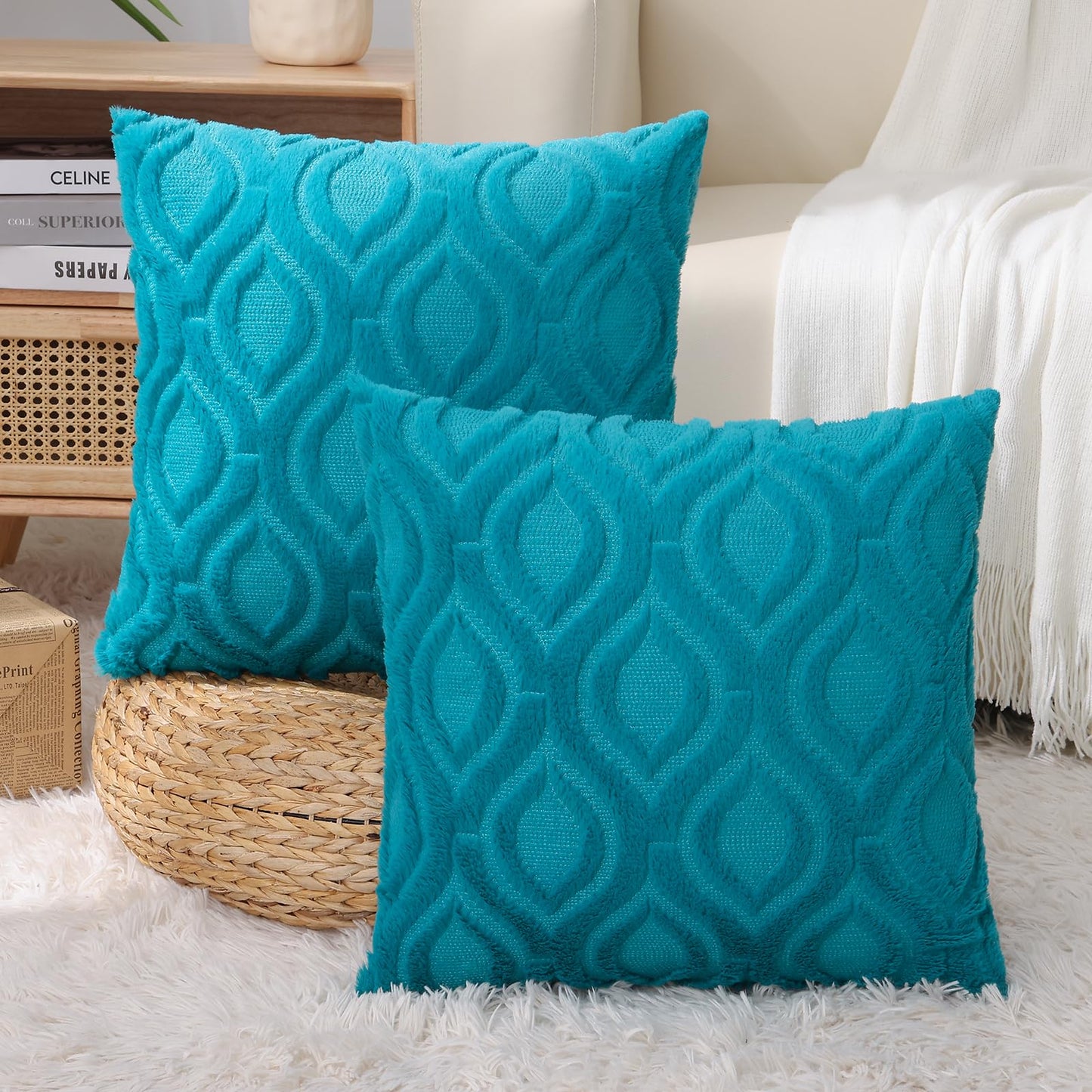 decorUhome Throw Pillow Covers 12x20 Inch Set of 2, Soft Plush Faux Wool Teal Solid Couch Pillow Covers, Accent Farmhouse Neutral Rectangle Pillow Cases for Sofa Bed Living Room