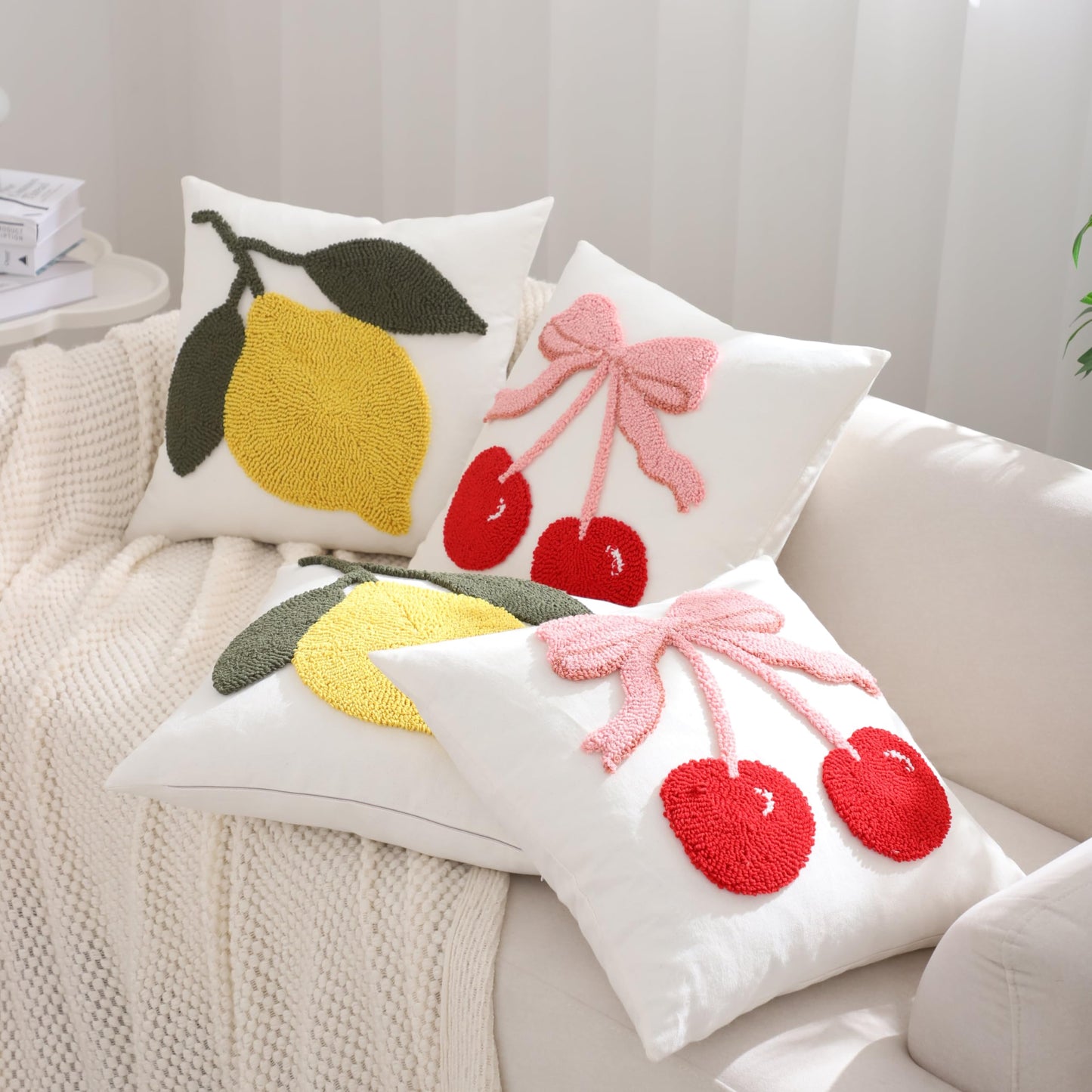 Tosleo Embroidered Throw Pillow Covers 18x18 Pack of 2 Red Cherry Decor Pillow Cover Farmhouse Pillow Cushion Cases Square Tufted Pillowcases for Summer Sofa Couch Bedroom