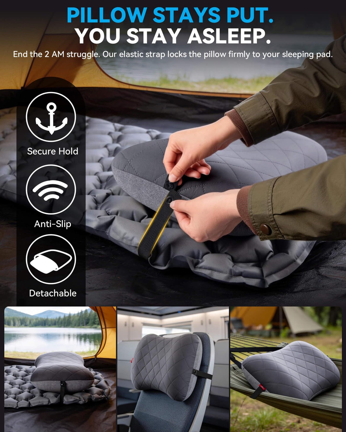 Hikenture Ultralight Inflatable Pillow with Removable Cover for Neck Lumber Support - Upgrade Washable Travel Air Pillows for Camping, Hiking, Backpacking (Grey)