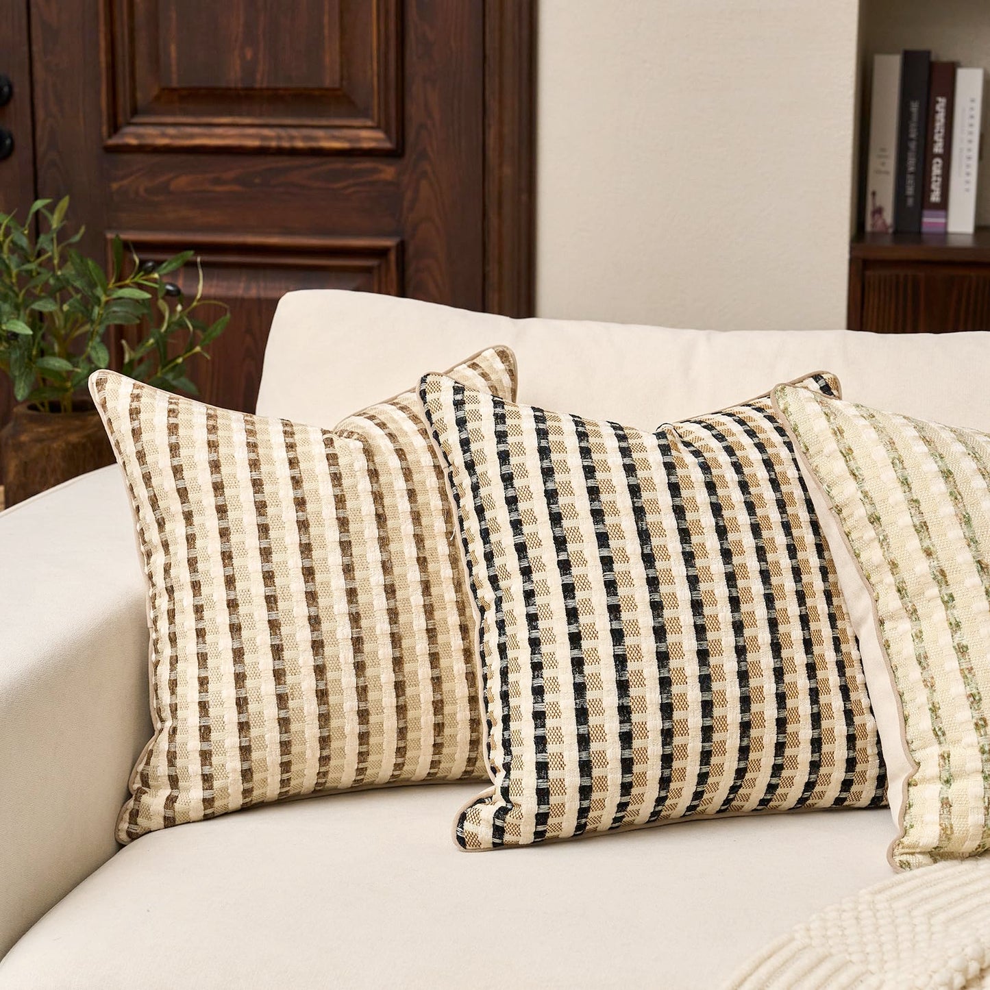 Yangest Boho Cotton and Linen Rectangle Pillow Cover 12x20 Inch, Striped Luxury Couch Pillowcover Accent Modern Decorative Cozy Soft Pillow for Sofa Couch Bedroom Living Room, Coffee Brown
