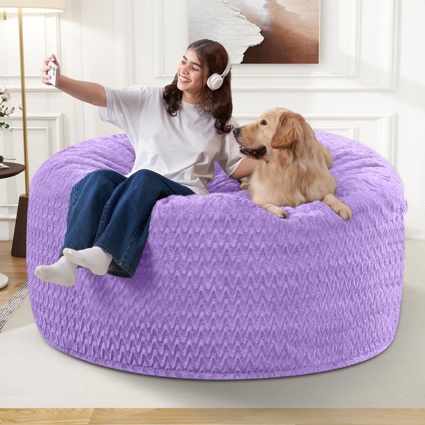 3FT Bean Bag Chair,Giant Bean Bag Chairs for Adults,Big Bean Bags with Memory Foam Filled, Large Beanbag Chairs with Chevron Plush Cover-Purple