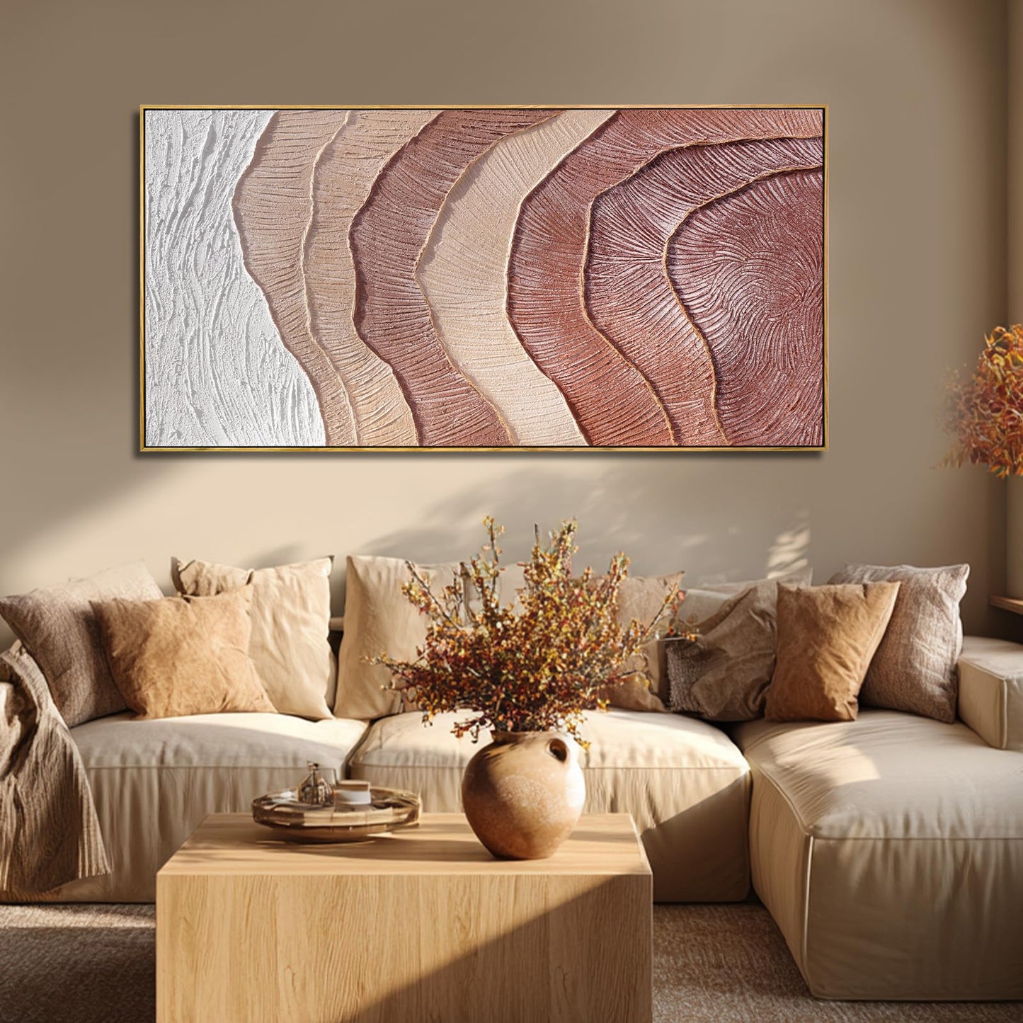 Framed Abstract Wall Art, Hand-Painted Beige Brown Textured Oil Painting on Canvas, Modern Neutral Wall Decor for Living Room Bedroom Office, 29x58 Inch