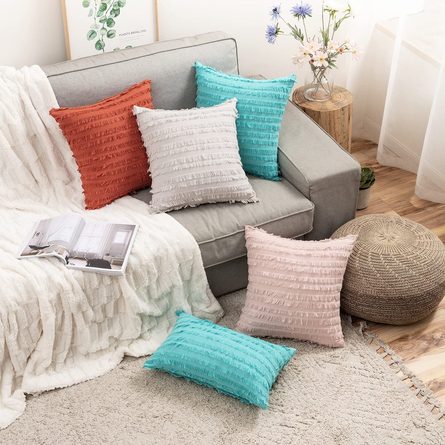 MIULEE Set of 2 Mustard Yellow Throw Pillow Covers Decorative Boho Spring Linen Striped Jacquard Pattern Cushion Covers for Spring Sofa Couch Living Room Bedroom 20x20 Inch